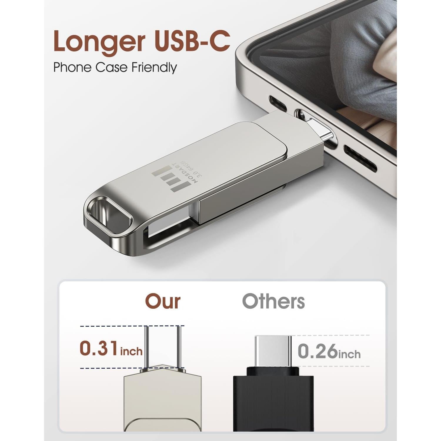 MOSDART 64GB USB 3.0 Doble Conector C y A Rápido Plata