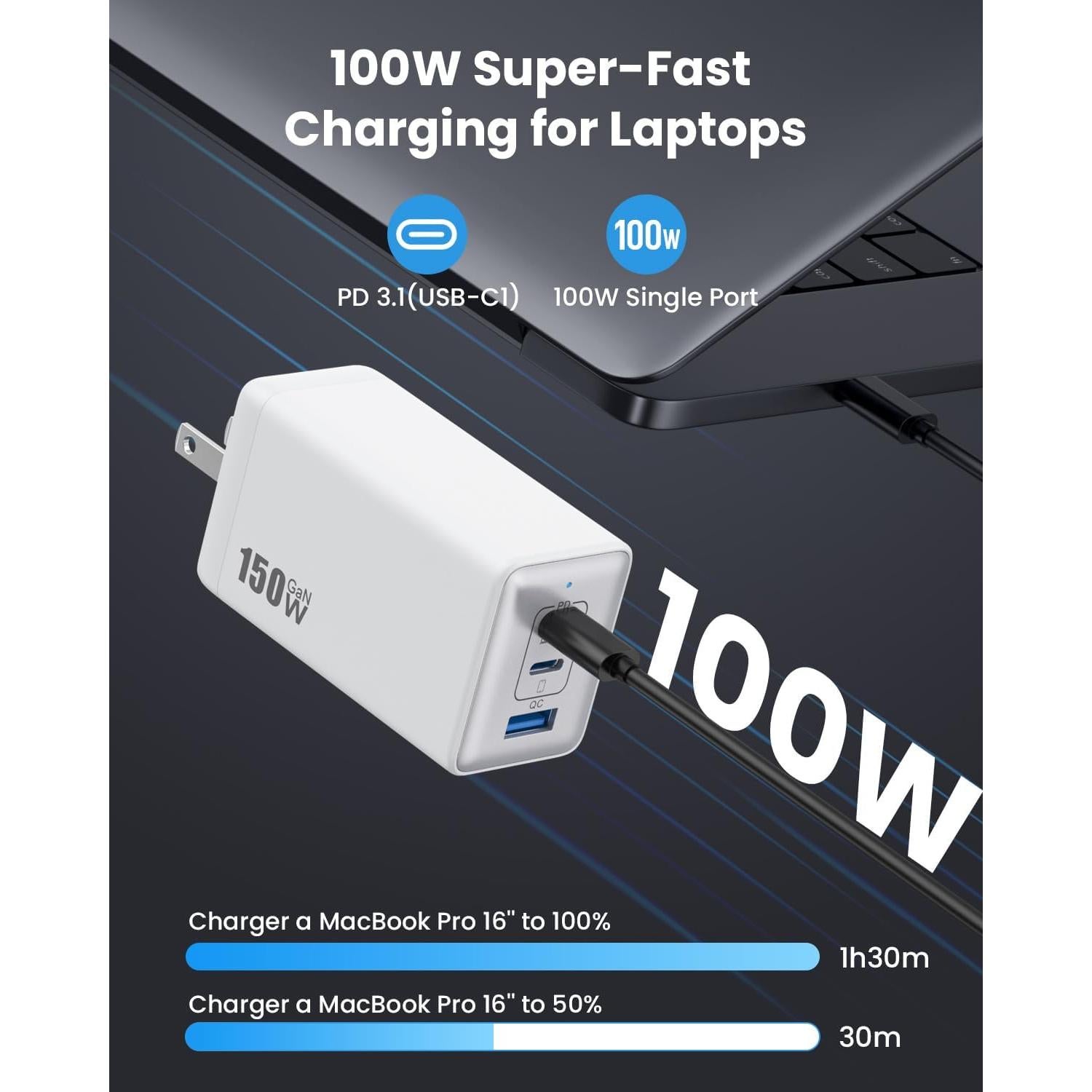 Cargador USB C 150W Pxwaxpy 3 Puertos Rápido Plegable