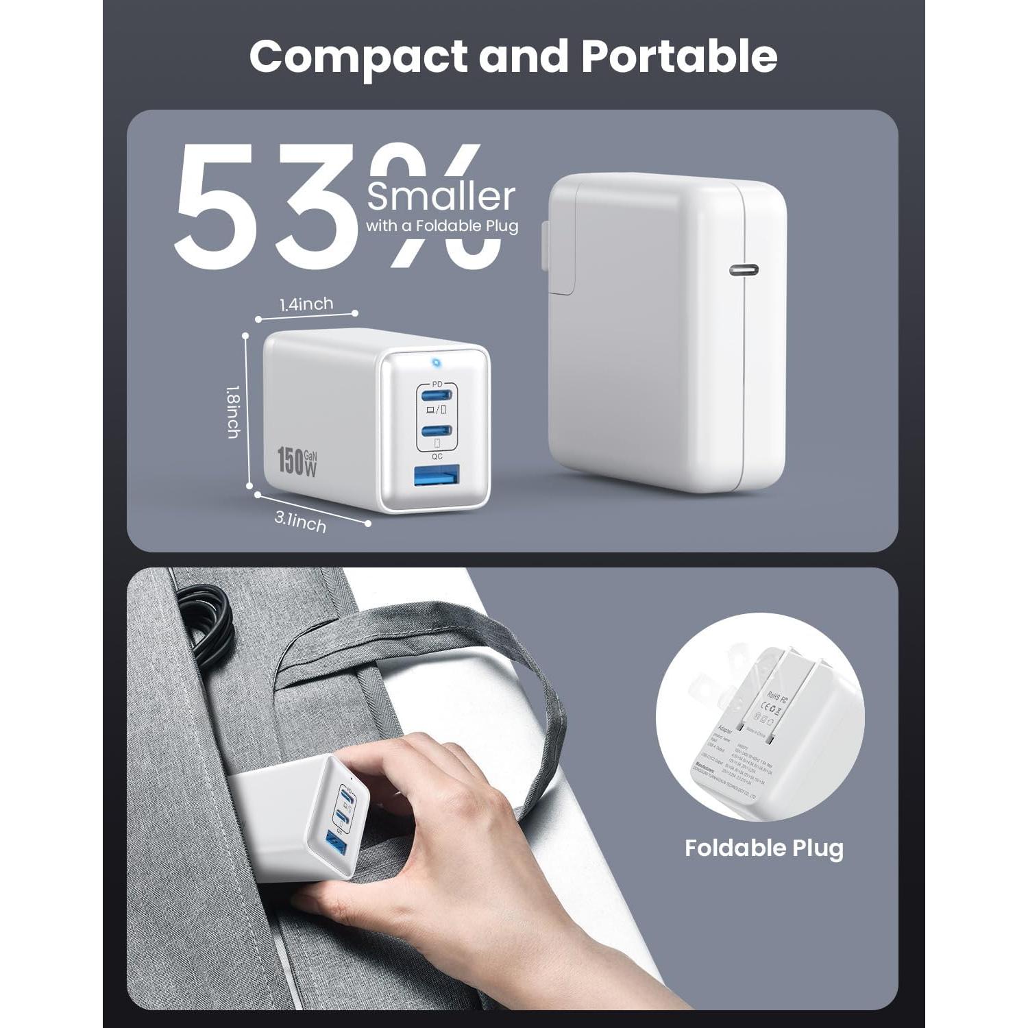 Cargador USB C 150W Pxwaxpy 3 Puertos Rápido Plegable