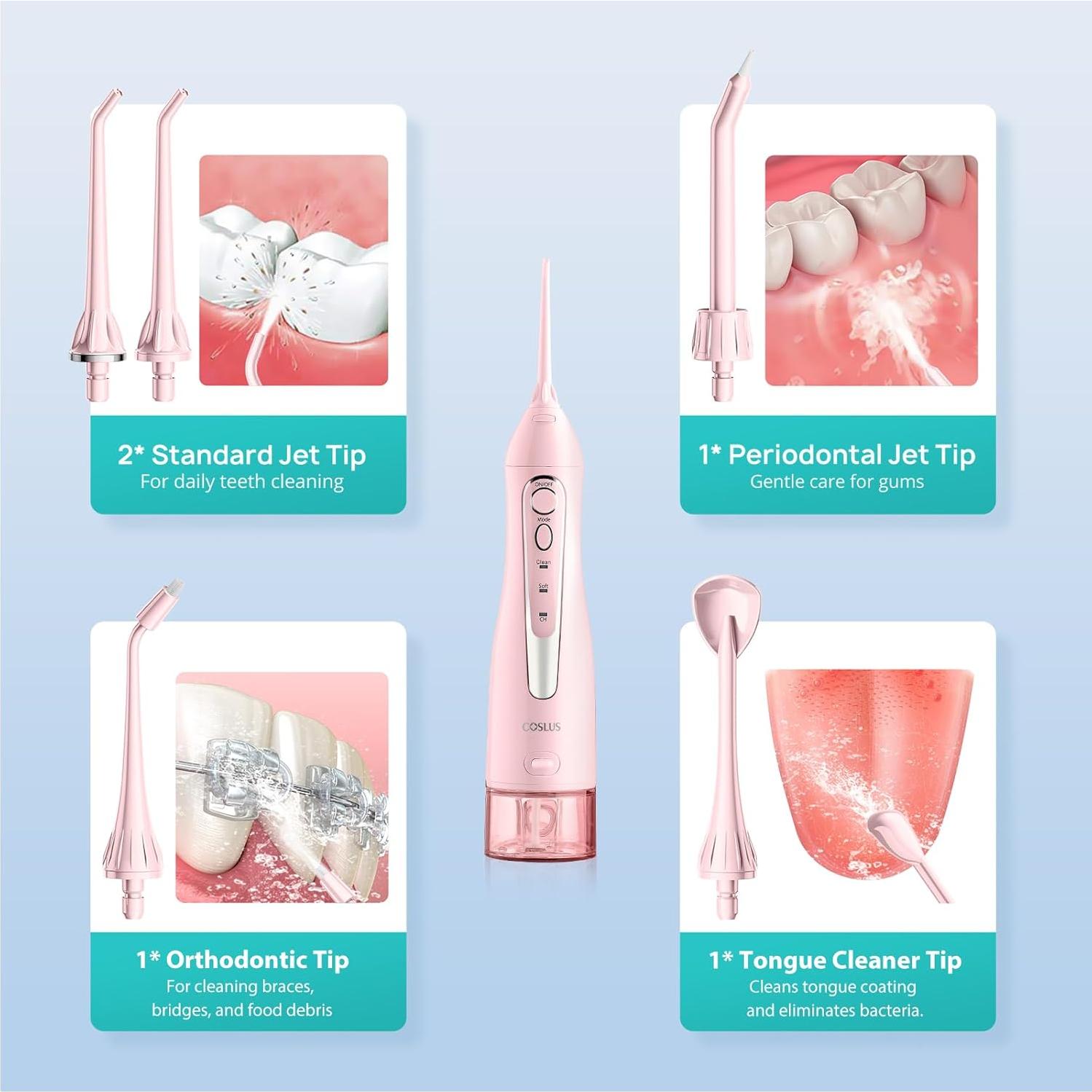 Irrigador Dental Portátil COSLUS C20 Rosa 300ml Recargable