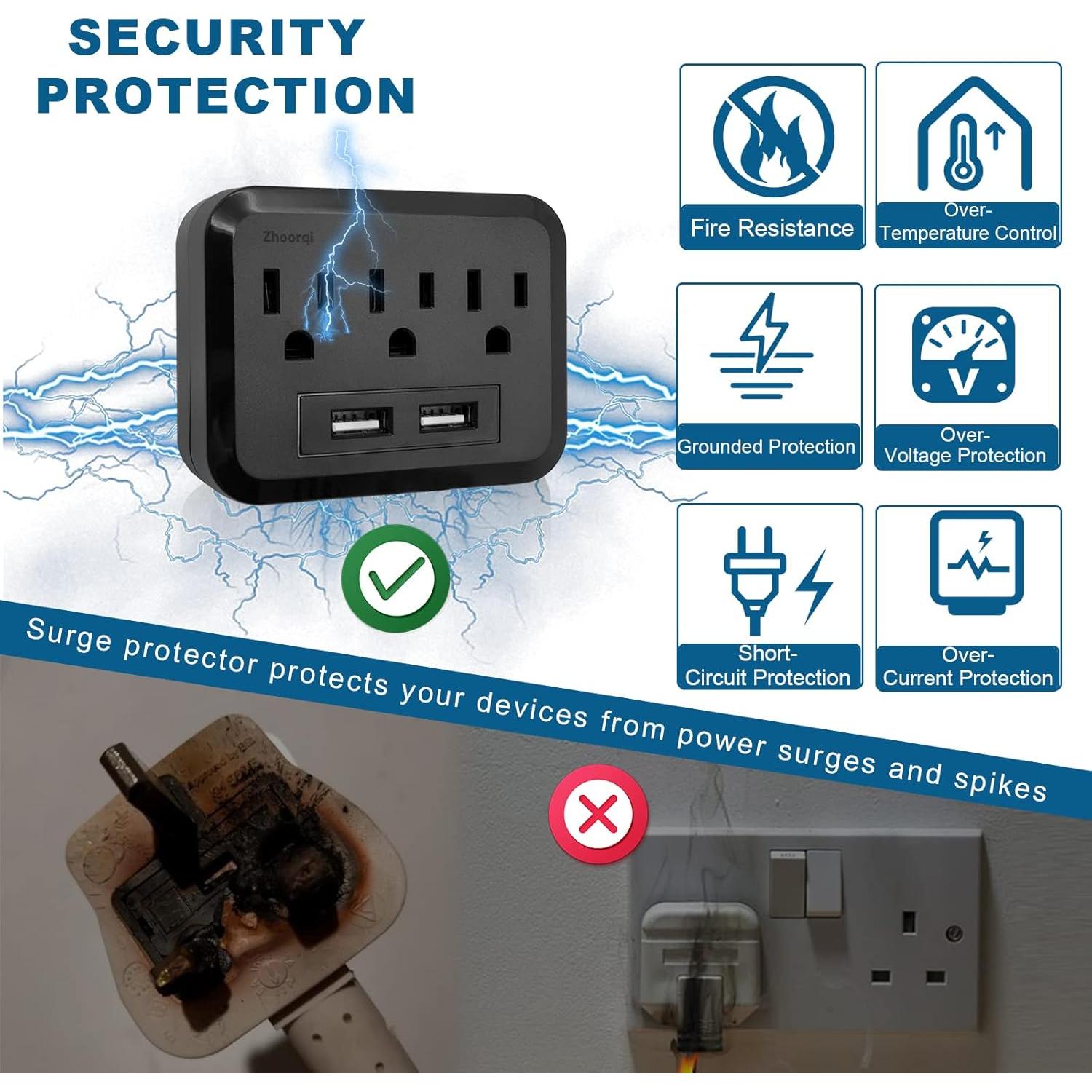 Extensor de Enchufe Múltiple ZHOORQI 5 en 1 con 2 USB 1875W