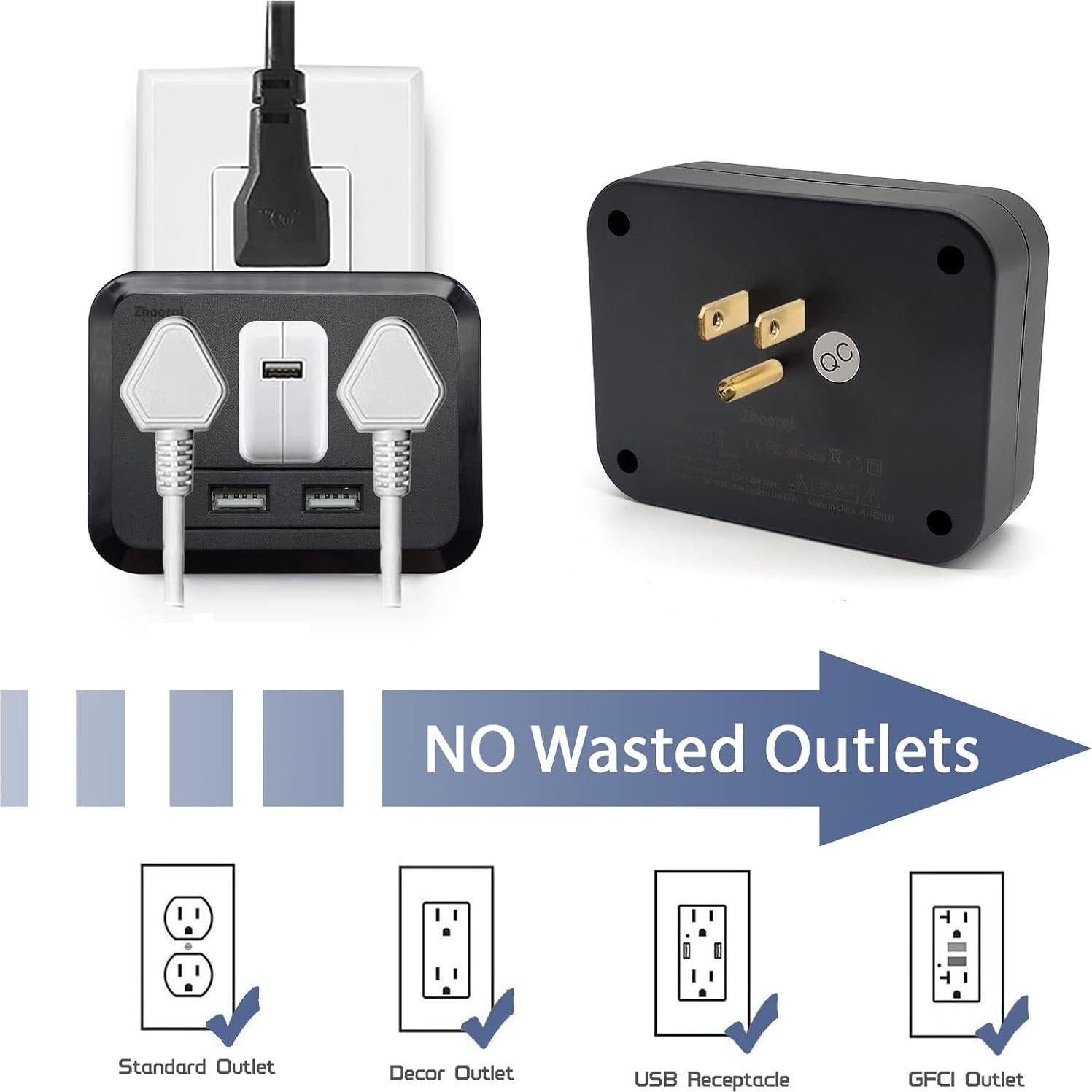 Extensor de Enchufe Múltiple ZHOORQI 5 en 1 con 2 USB 1875W