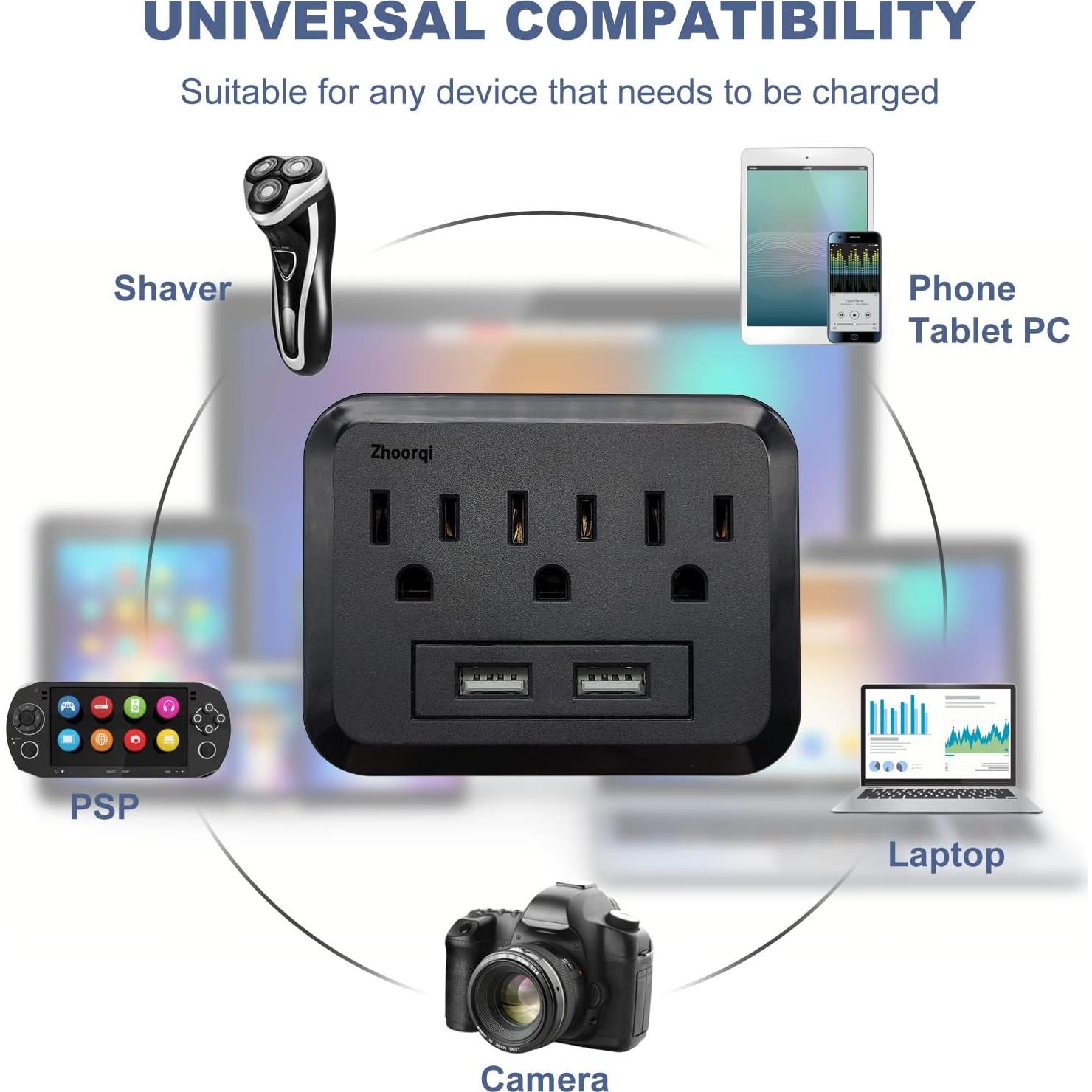 Extensor de Enchufe Múltiple ZHOORQI 5 en 1 con 2 USB 1875W
