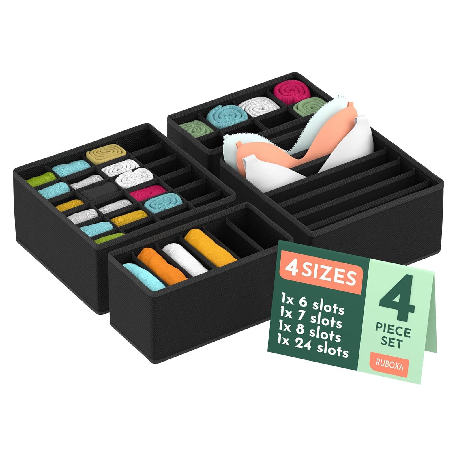 Organizador de Cajones RUBOXA 4 Pk Tela Negra 45 Compartimentos