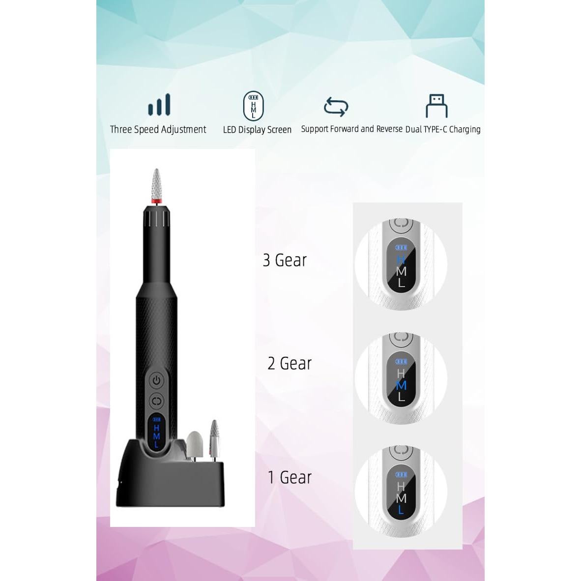 Taladro de Uñas Eléctrico Pinkiou 3 Velocidades Inalámbrico