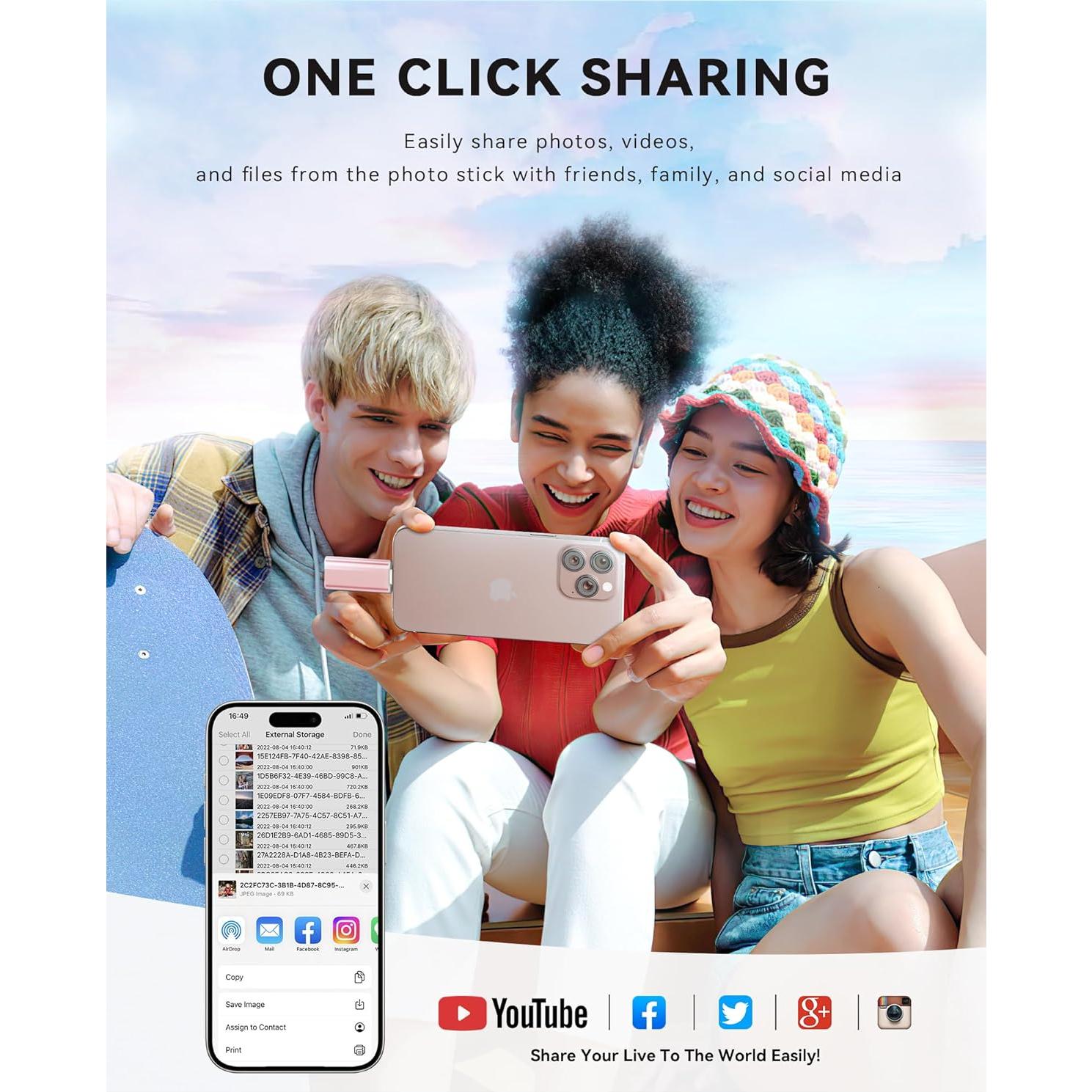 Unidad Flash 128GB ROSPE MFi para iPhone/iPad/Android - Rosa