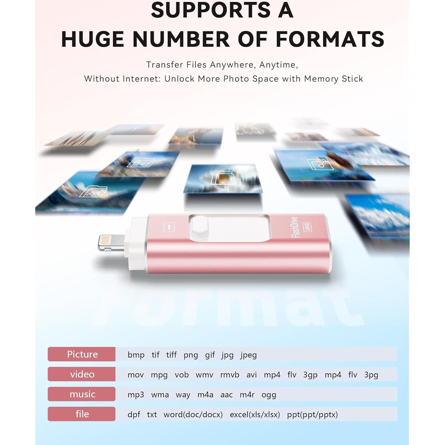 Unidad Flash 128GB ROSPE MFi para iPhone/iPad/Android - Rosa