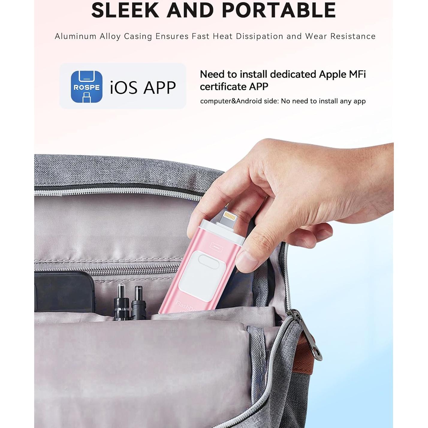 Unidad Flash 128GB ROSPE MFi para iPhone/iPad/Android - Rosa