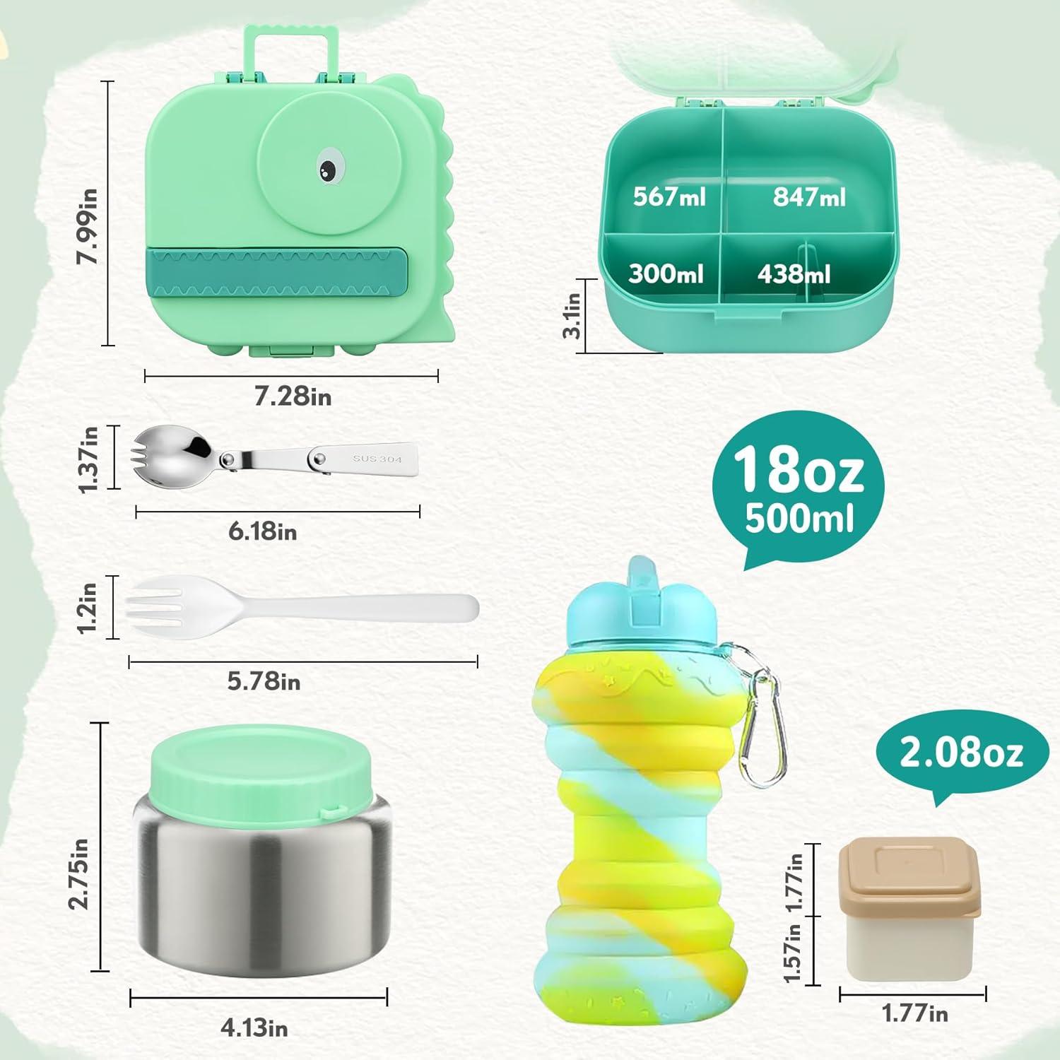 Caja de Almuerzo Aimsnk Dinosaurio Verde 1.5L 5 Compartimentos