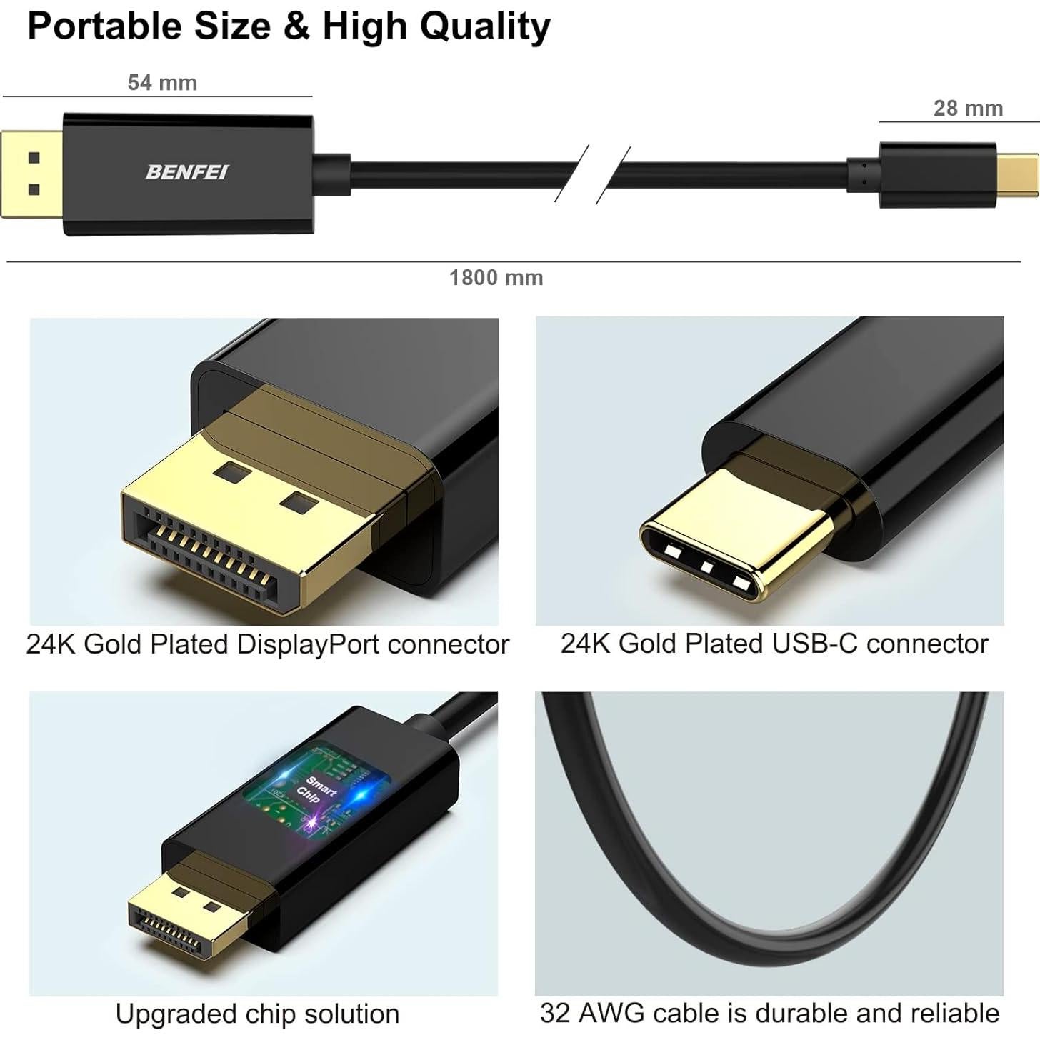 Cable USB C a DisplayPort BENFEI 1.8m 8K@60Hz 4K@144Hz
