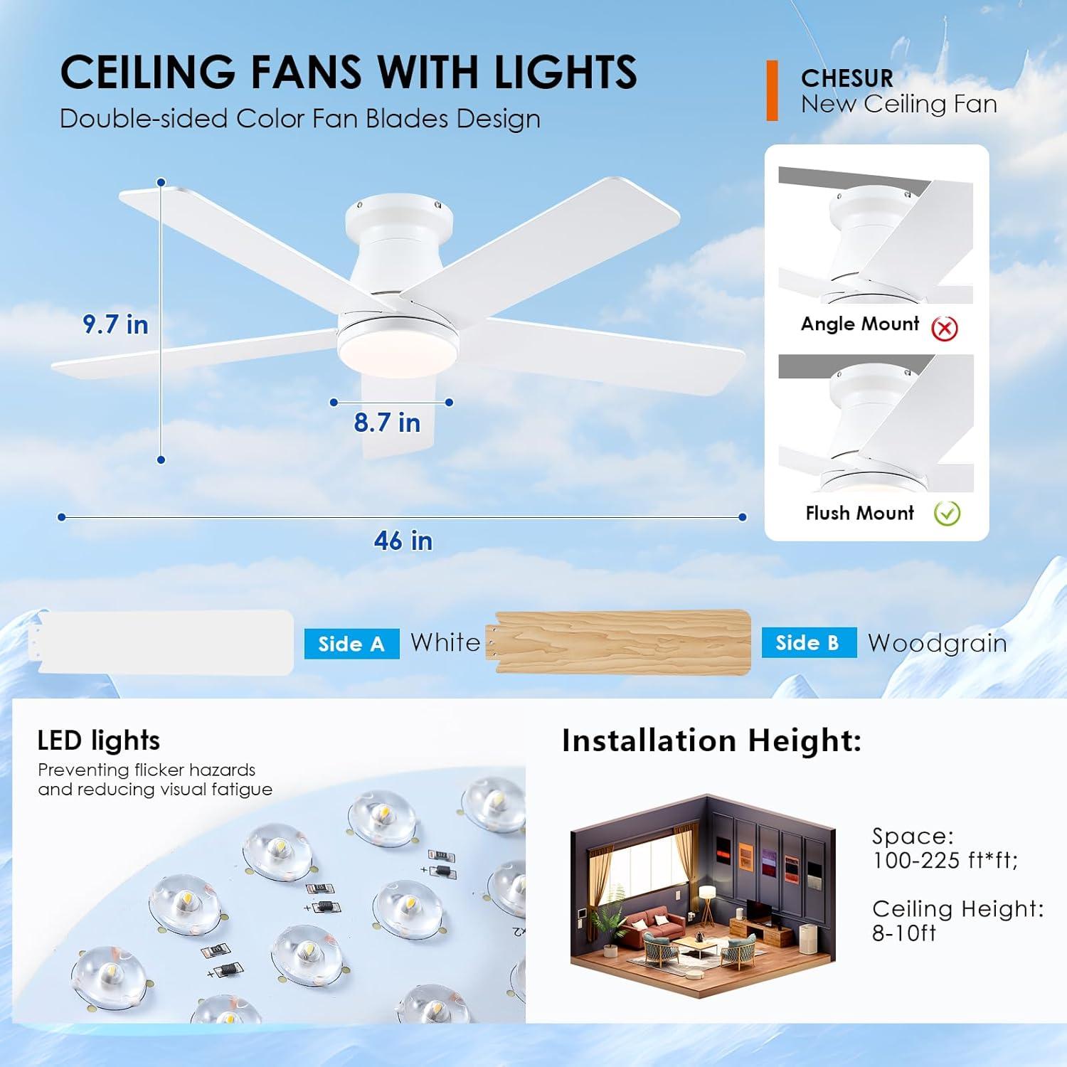 Ventilador de Techo CHESUR 46" Blanco con Luz y Control Remoto