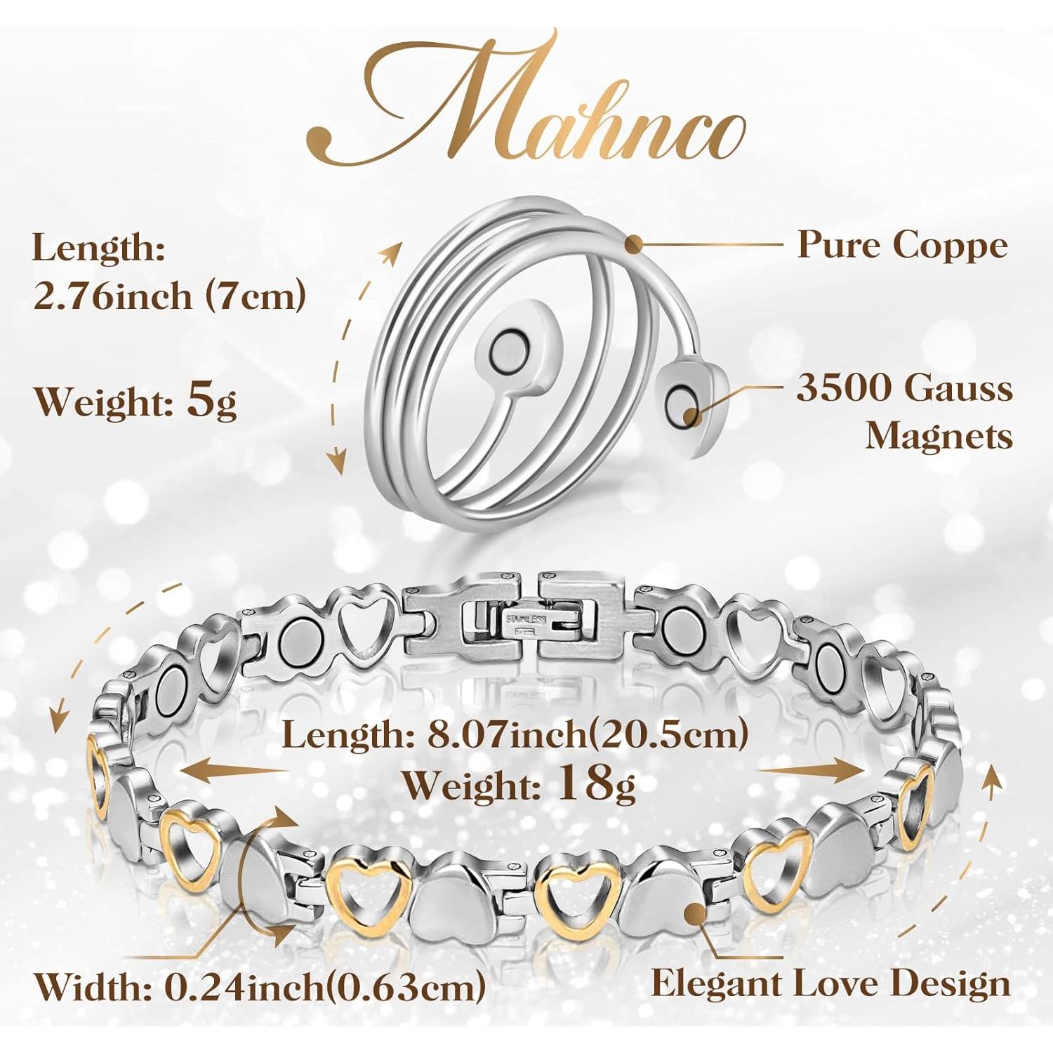 Pulsera Magnética Detox Linfático Mahnco de Titanio para Mujeres - Set con Anillo y Herramienta Ajuste