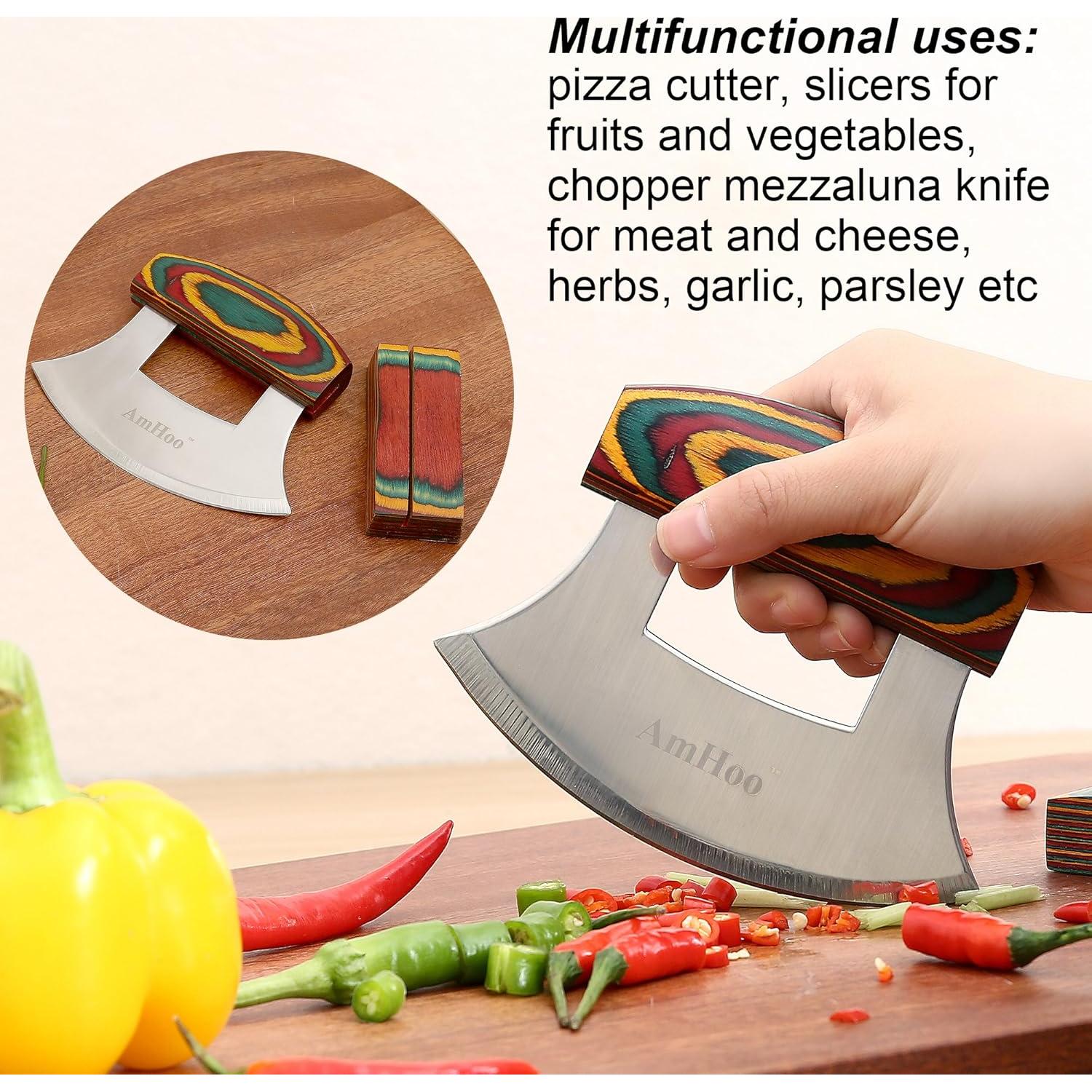 Cortador de Pizza AmHoo Ulu Mango Madera Acero Inoxidable 13.2 cm