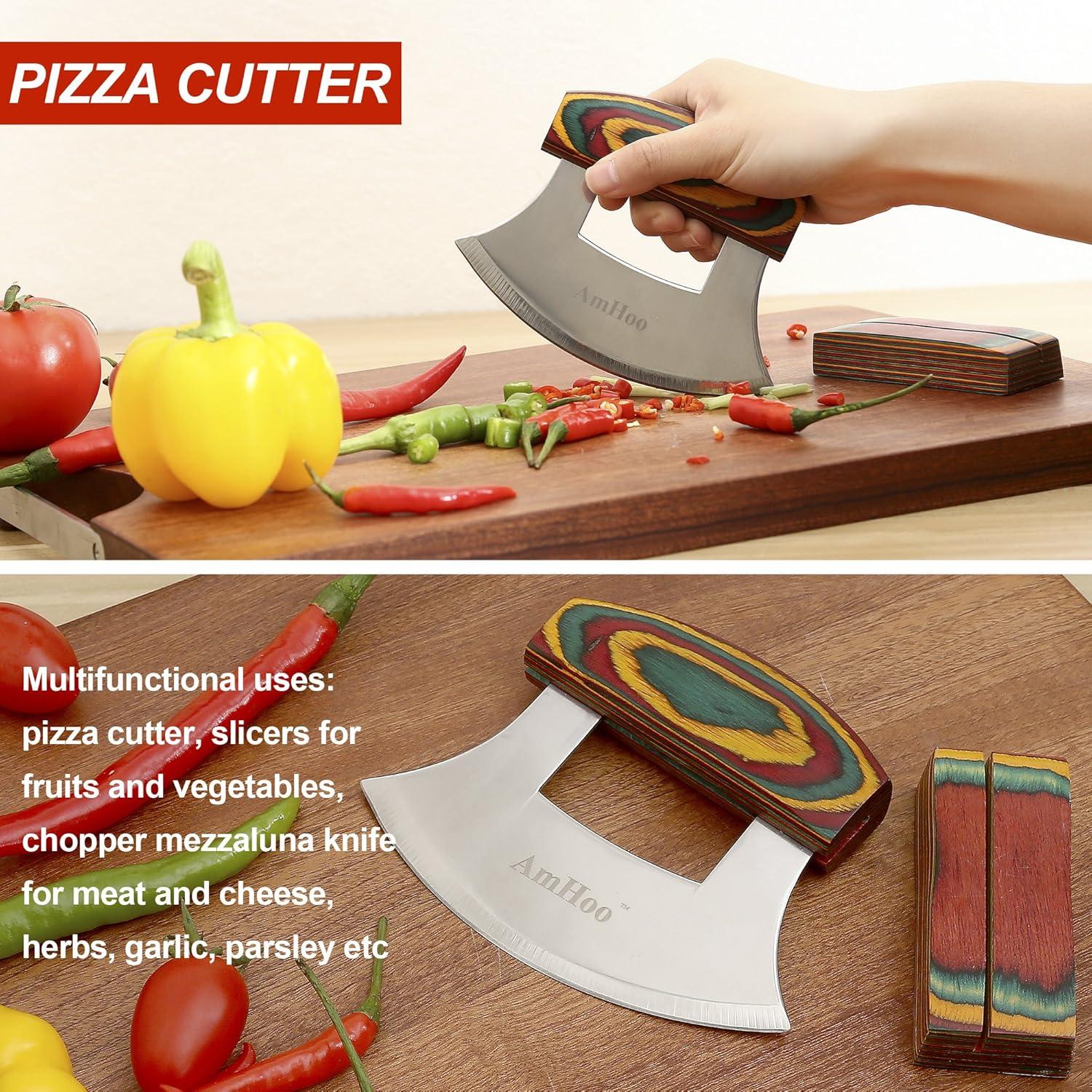 Cortador de Pizza AmHoo Ulu Mango Madera Acero Inoxidable 13.2 cm