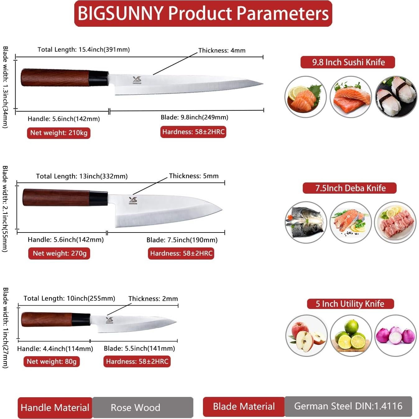 Set de 3 cuchillos Sashimi MSY BIGSUNNY - Acero inoxidable