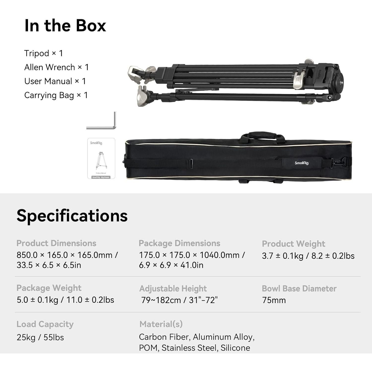 Trípode de Video de Carbono SmallRig 4167, 182 cm, 25 kg