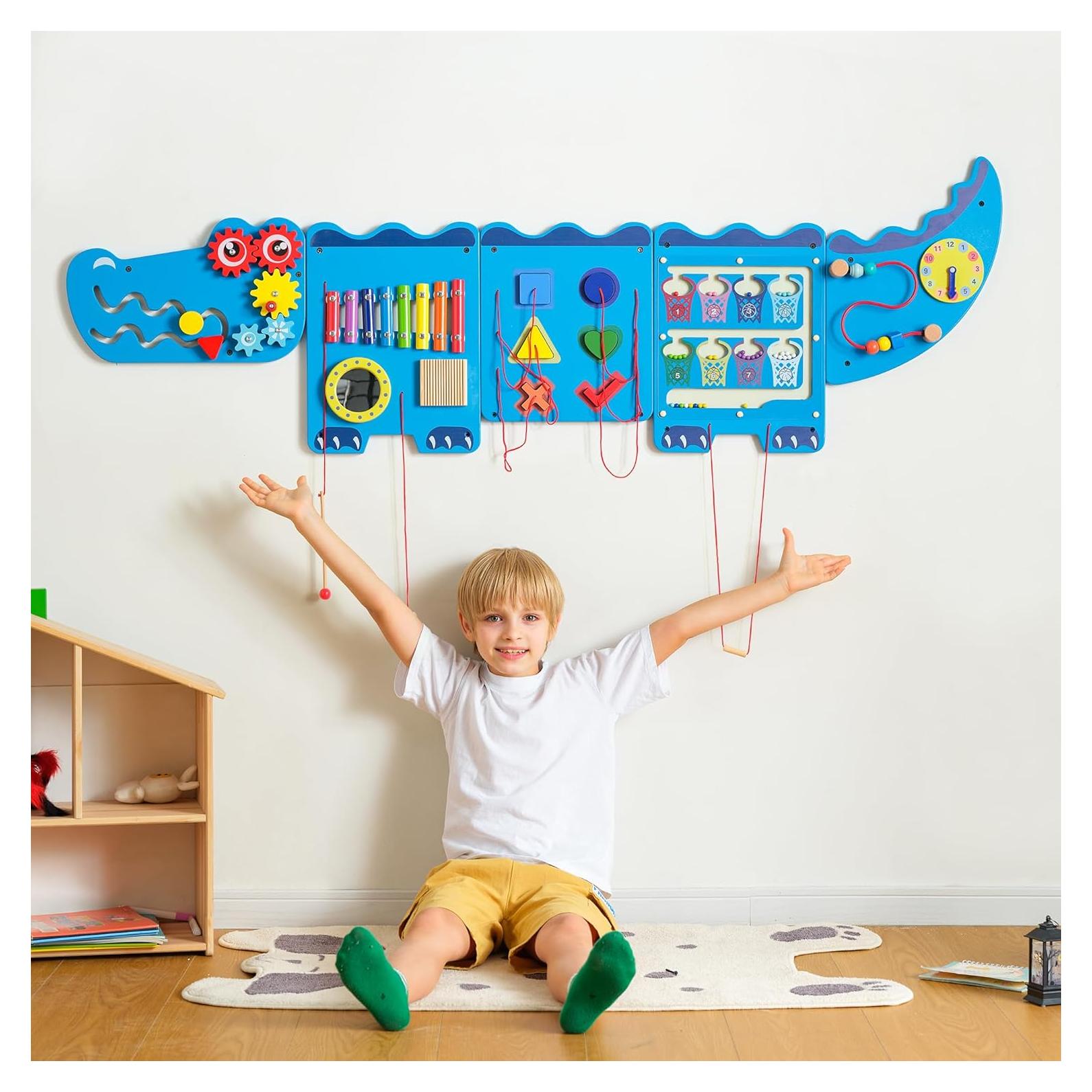 Panel de Pared Sensorial Montessori Cocodrilo Azul - 9 Actividades