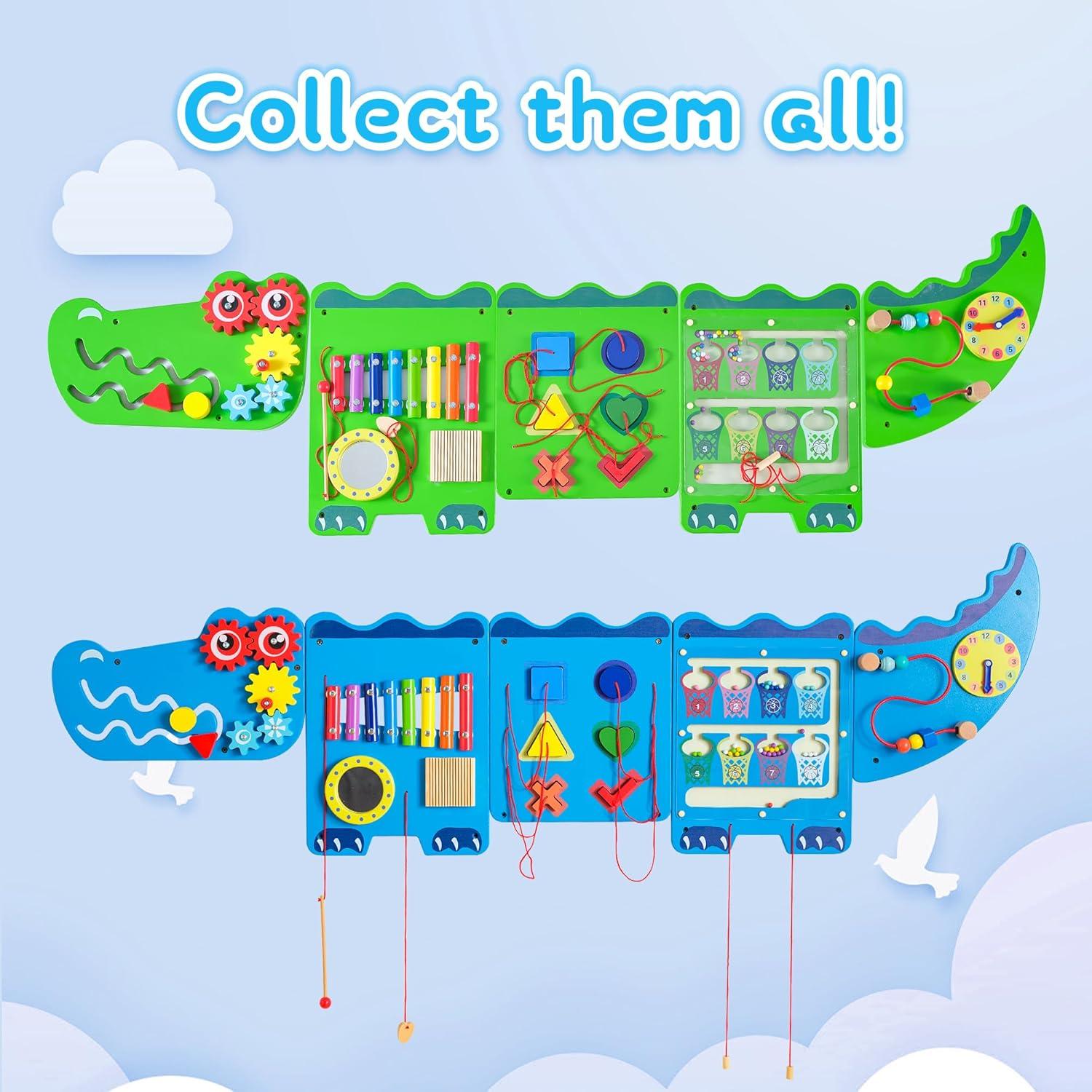 Panel de Pared Sensorial Montessori Cocodrilo Azul - 9 Actividades