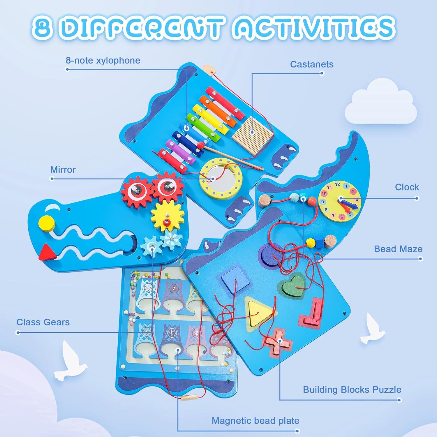 Panel de Pared Sensorial Montessori Cocodrilo Azul - 9 Actividades