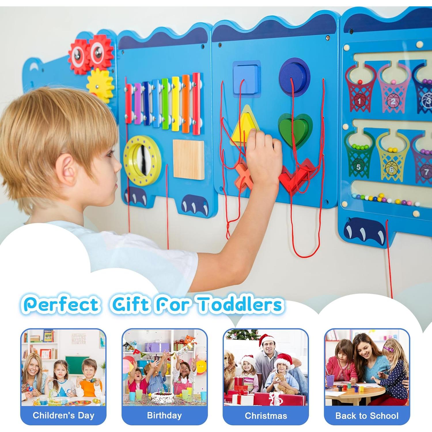 Panel de Pared Sensorial Montessori Cocodrilo Azul - 9 Actividades