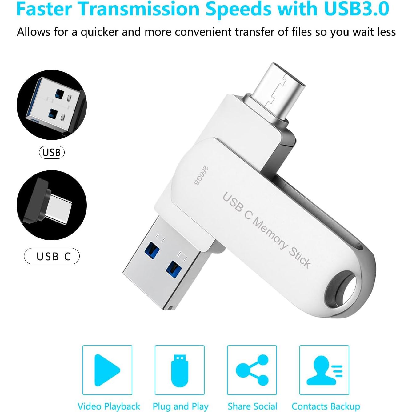 Unidad Flash USB C 256GB HUPINS Alta Velocidad 170MB/s Plata