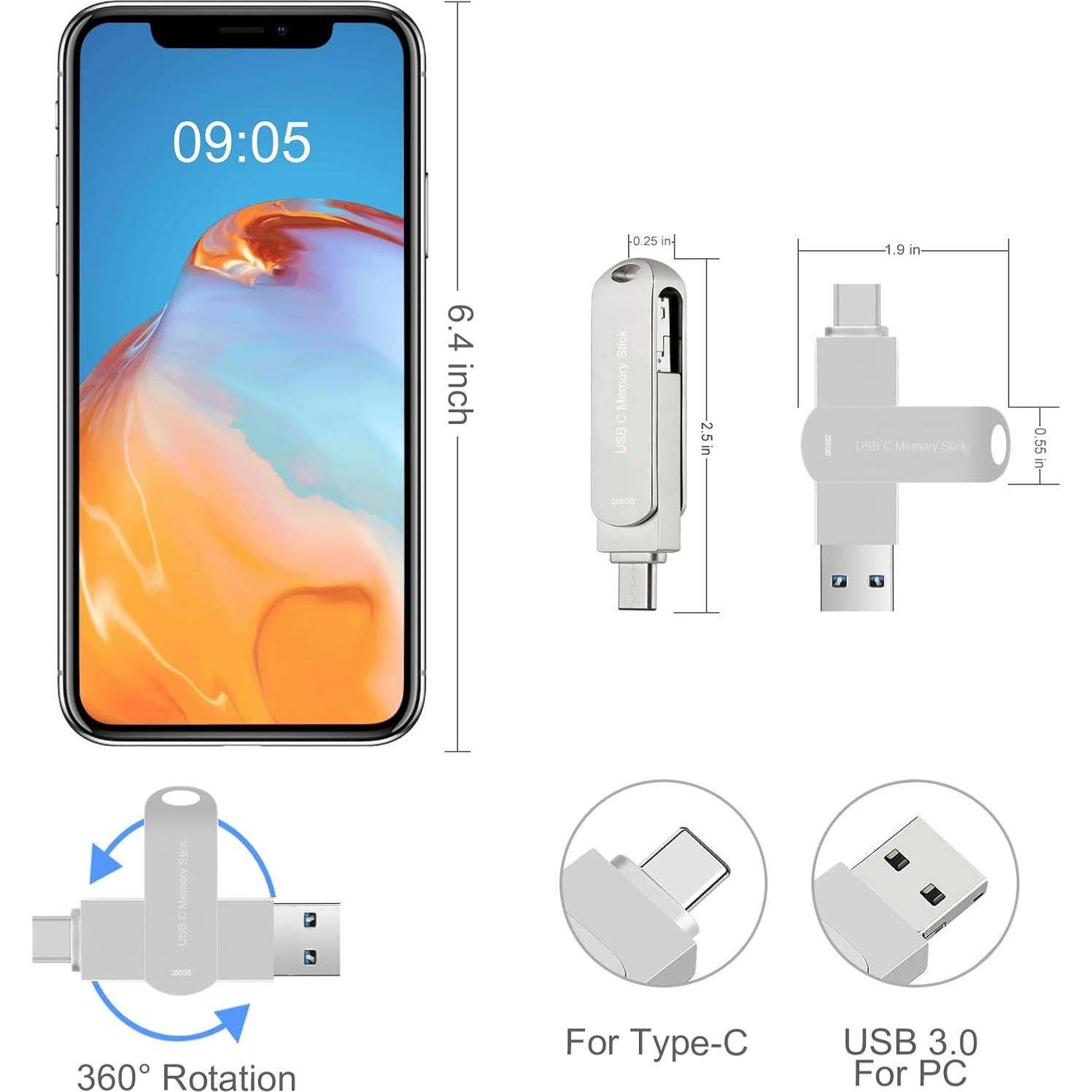Unidad Flash USB C 256GB HUPINS Alta Velocidad 170MB/s Plata