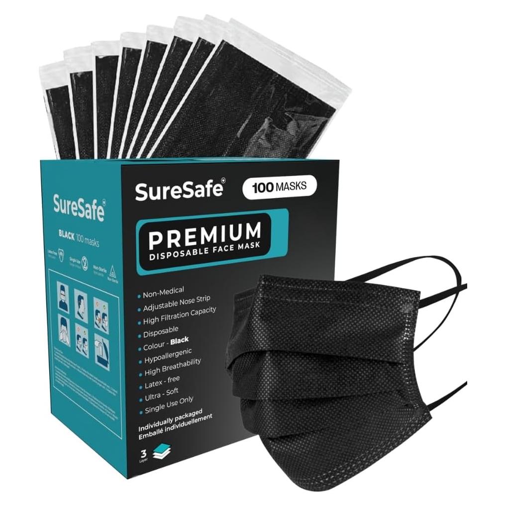 Mascarillas Desechables Negras SURESAFE 100 Unidades 3 Capas