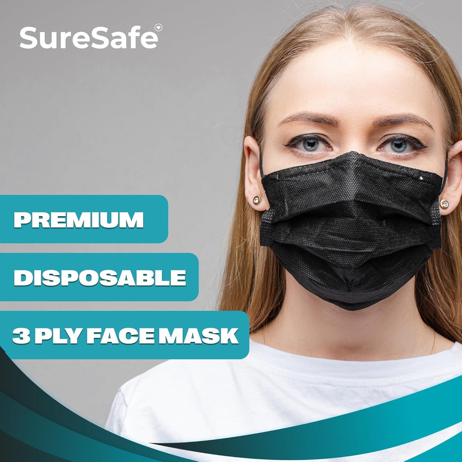 Mascarillas Desechables Negras SURESAFE 100 Unidades 3 Capas