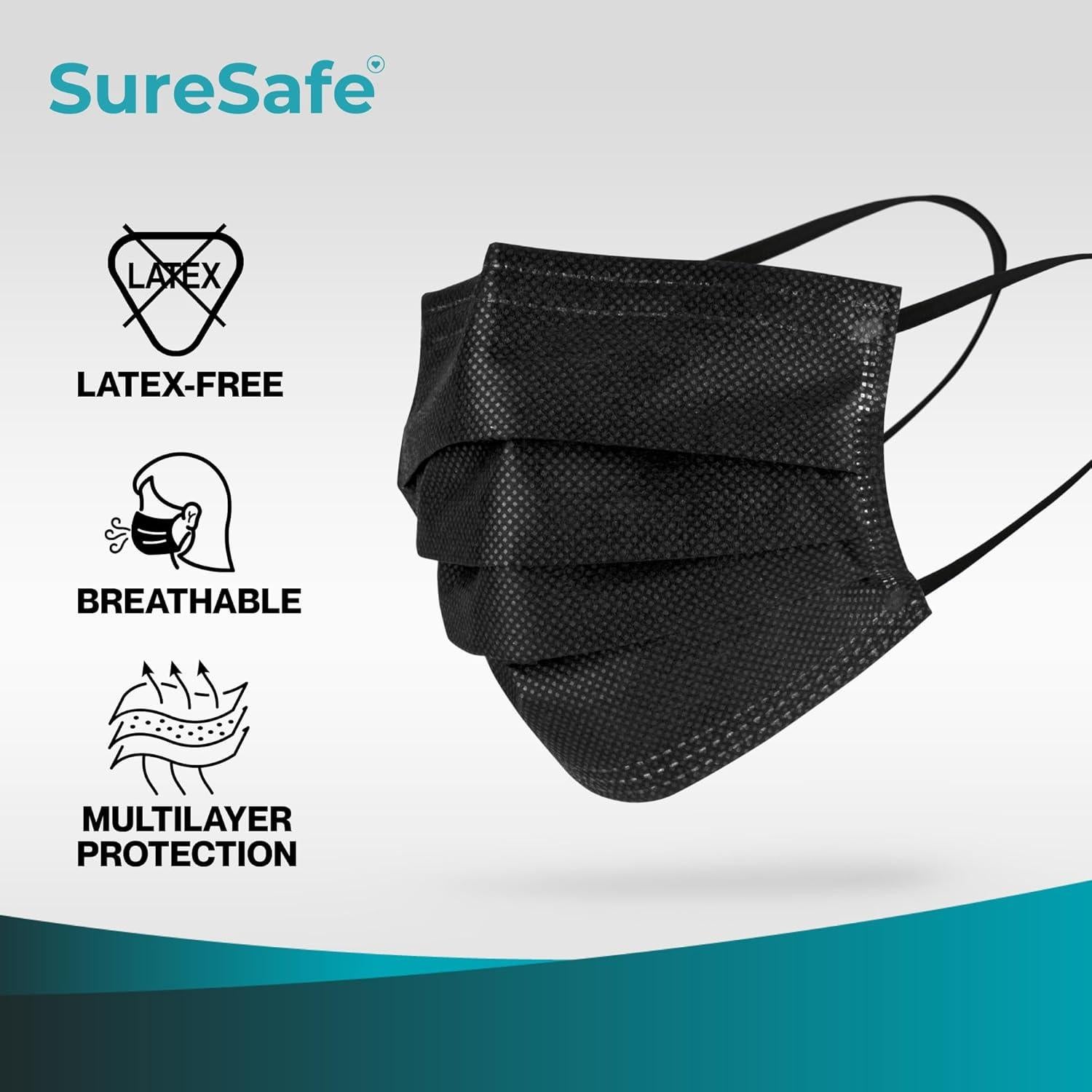 Mascarillas Desechables Negras SURESAFE 100 Unidades 3 Capas