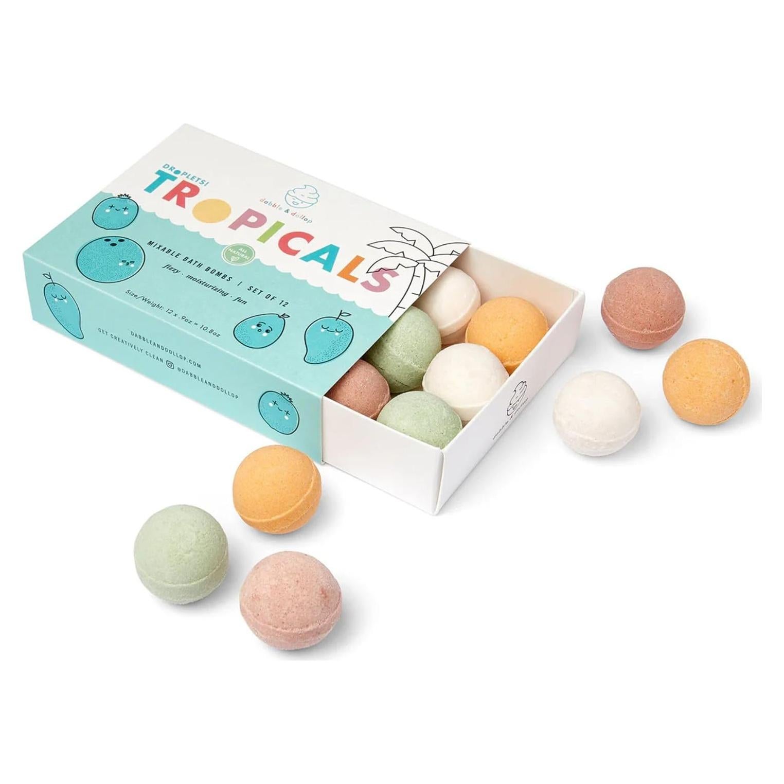 Dabble & Dollop Bath Bombs, 100% Natural Bath Bombs for Kids, Tropical Scents - USA Made, Moisturizing & Fun Droplets, Paraben & Sulfate Free, Vegan, Gluten-Free (Set of 12)