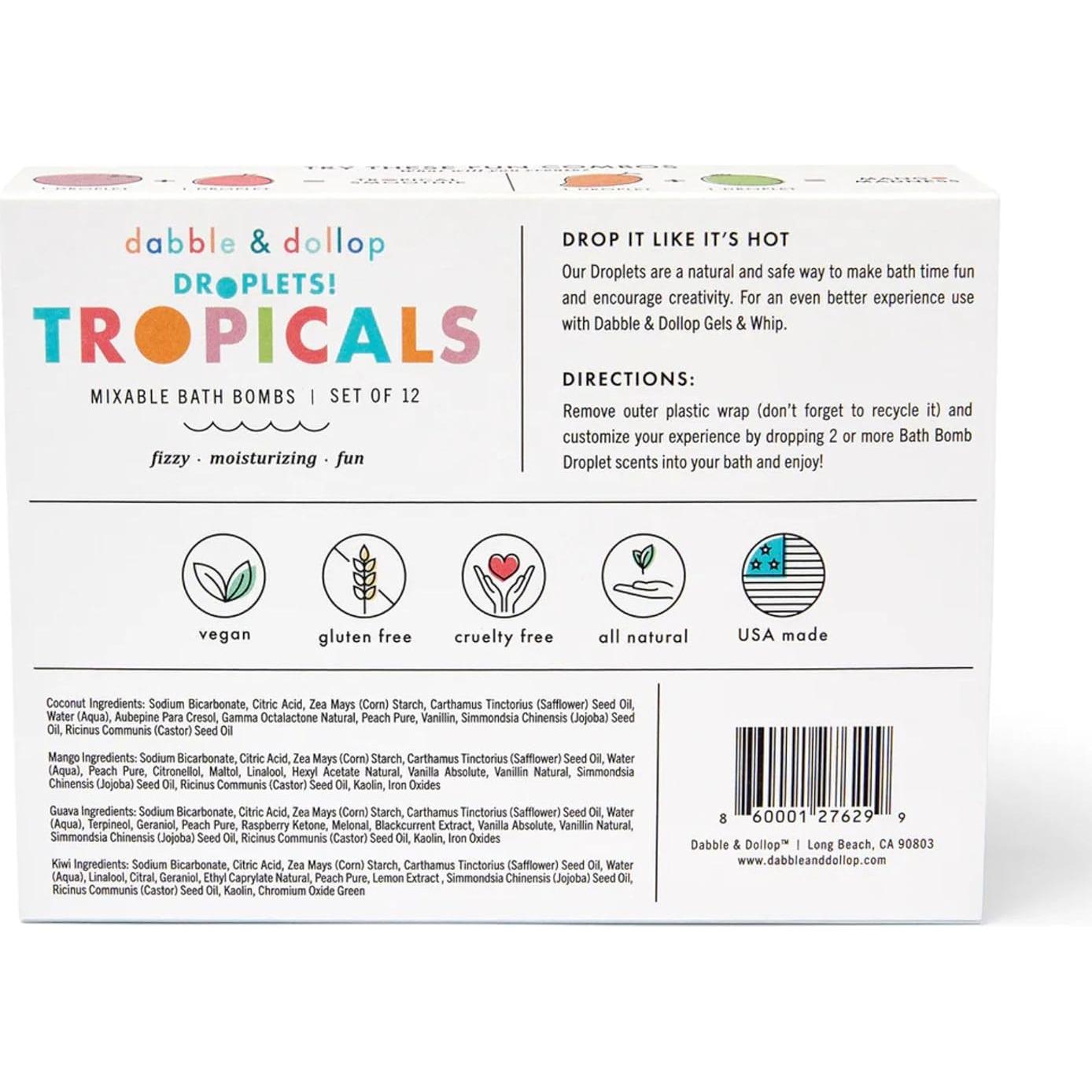 Dabble & Dollop Bath Bombs, 100% Natural Bath Bombs for Kids, Tropical Scents - USA Made, Moisturizing & Fun Droplets, Paraben & Sulfate Free, Vegan, Gluten-Free (Set of 12)