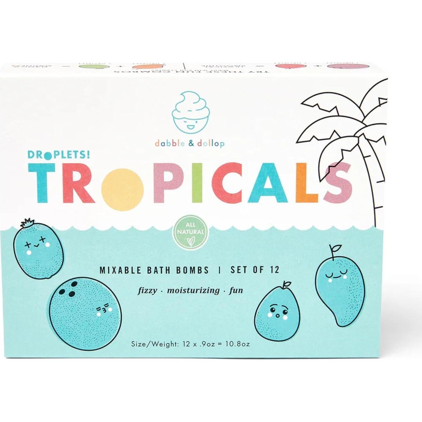 Dabble & Dollop Bath Bombs, 100% Natural Bath Bombs for Kids, Tropical Scents - USA Made, Moisturizing & Fun Droplets, Paraben & Sulfate Free, Vegan, Gluten-Free (Set of 12)