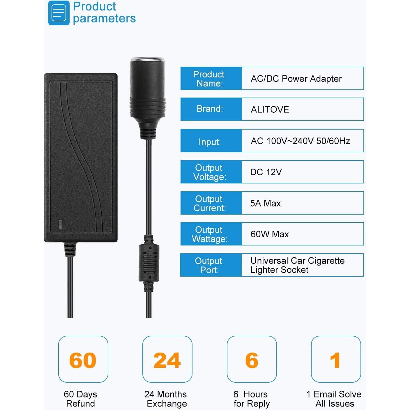 Adaptador ALITOVE 110V a 12V 5A 60W con Cable de 4.1M