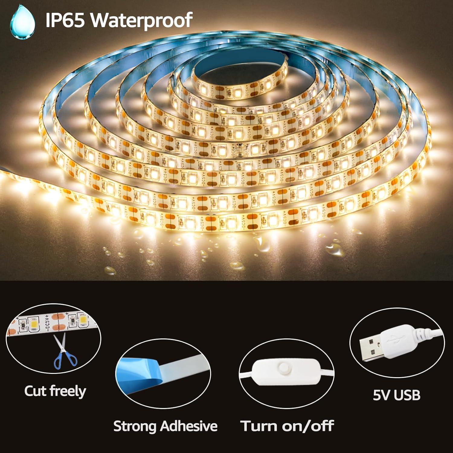 Tira LED USB 5V 3m Tesfish 3500K Blanco Cálido Impermeable