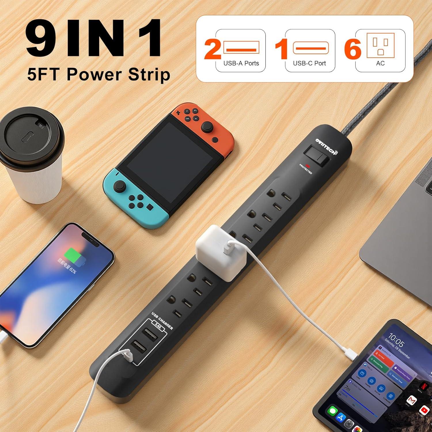 Regleta de Sobretensión Oviitech 6 Salidas y 3 USB 1.52m