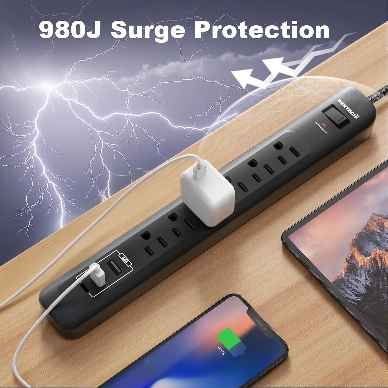 Regleta de Sobretensión Oviitech 6 Salidas y 3 USB 1.52m