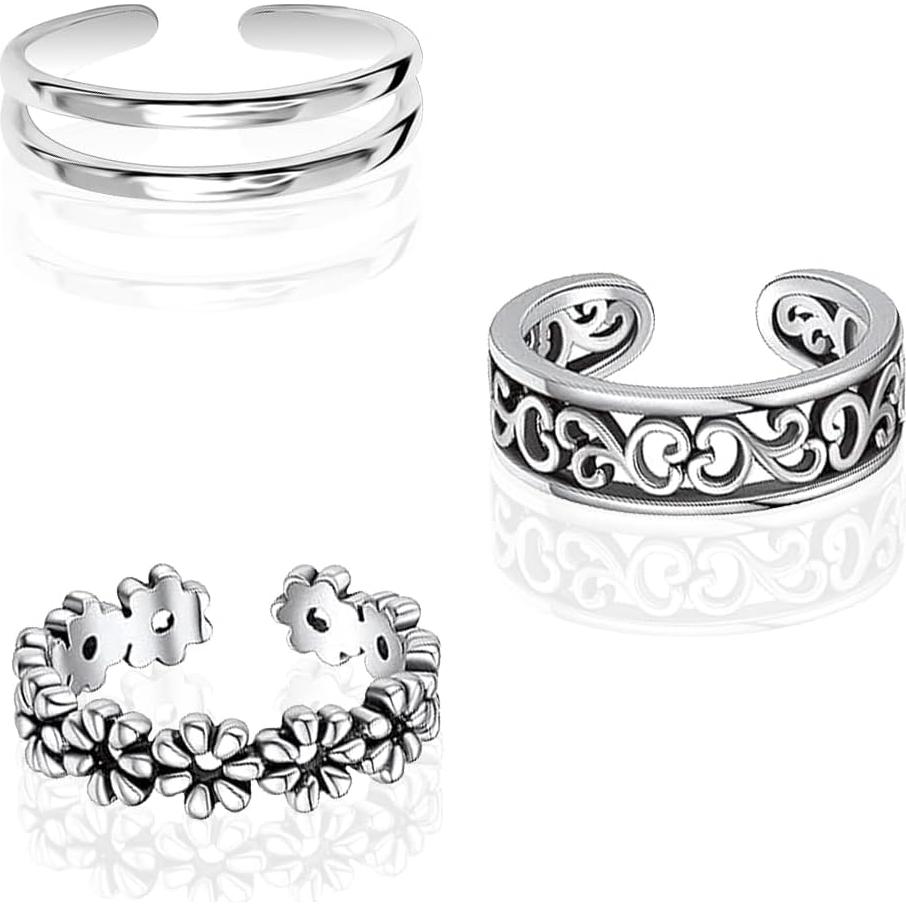 Anillos de Dedo del Pie de Plata Esterlina 925 LeCalla - 3 Piezas Ajustables