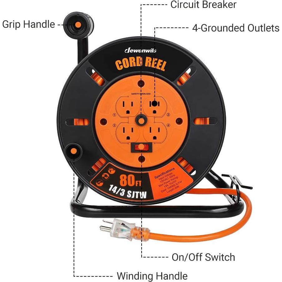 Carrete de Cable Retráctil DEWENWILS 24.38m 13A 4 Salidas