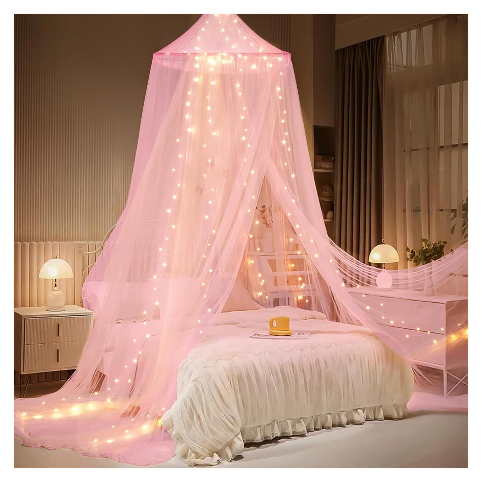 Dosel de Cama Rosa con Luces LED y Estrellas Luminiscentes