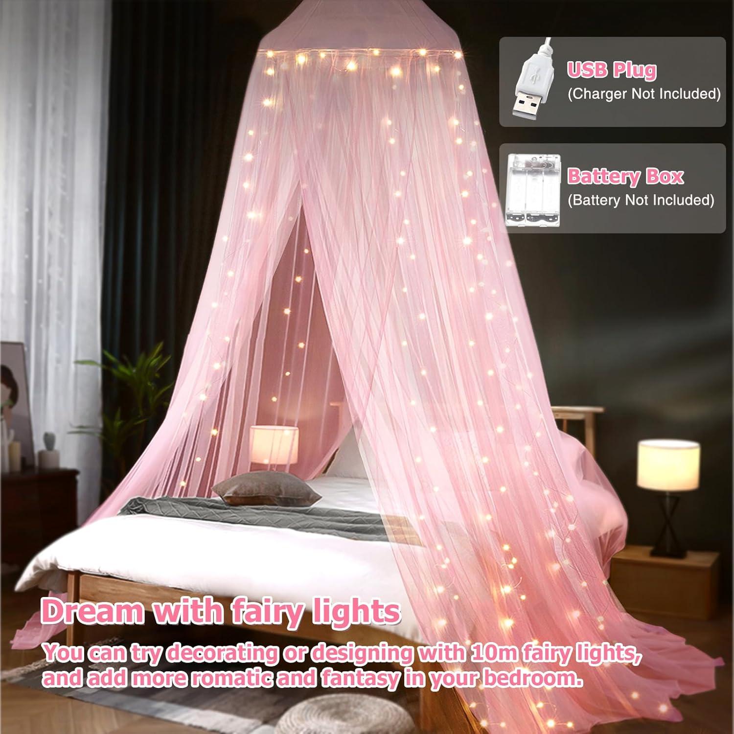 Dosel de Cama Rosa con Luces LED y Estrellas Luminiscentes