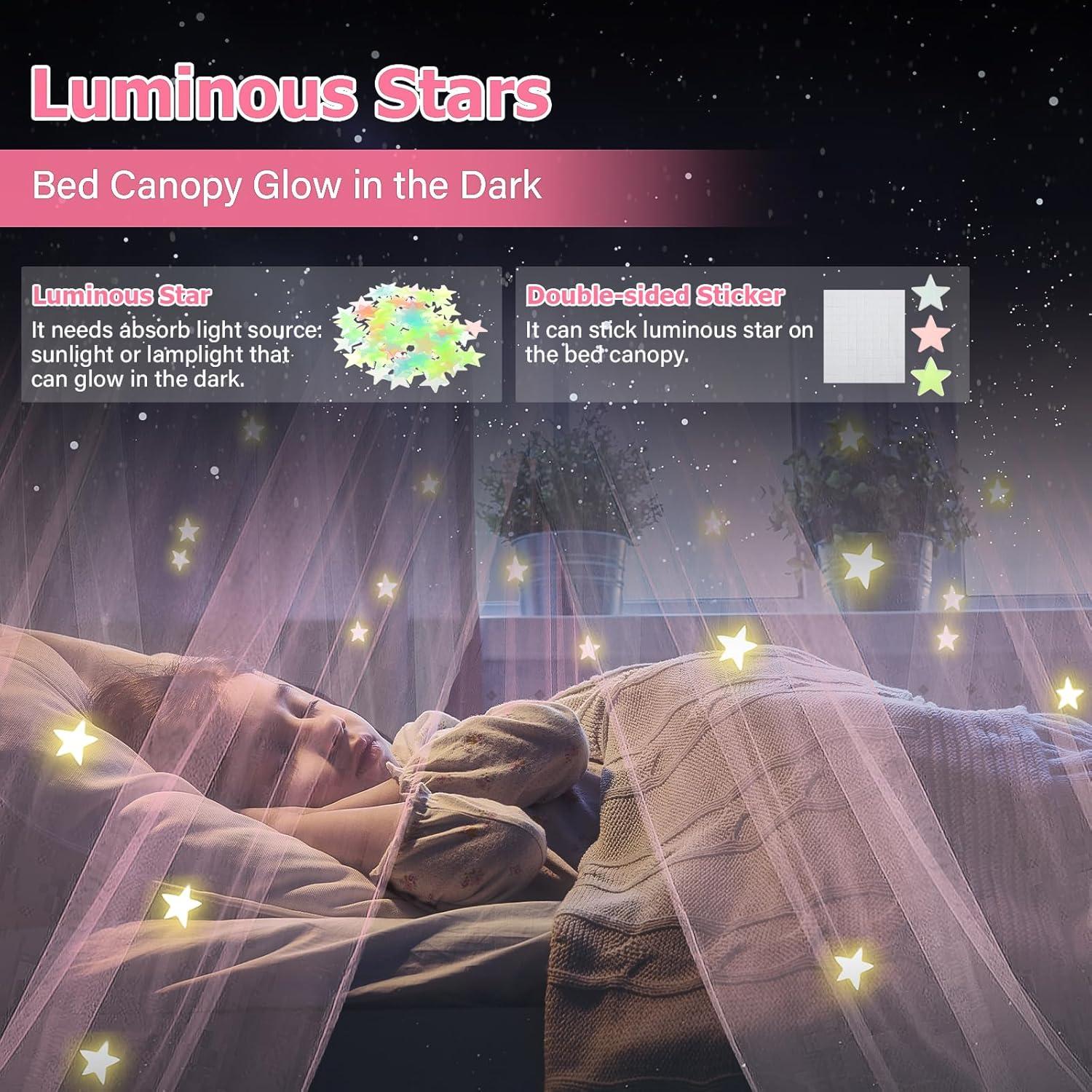 Dosel de Cama Rosa con Luces LED y Estrellas Luminiscentes