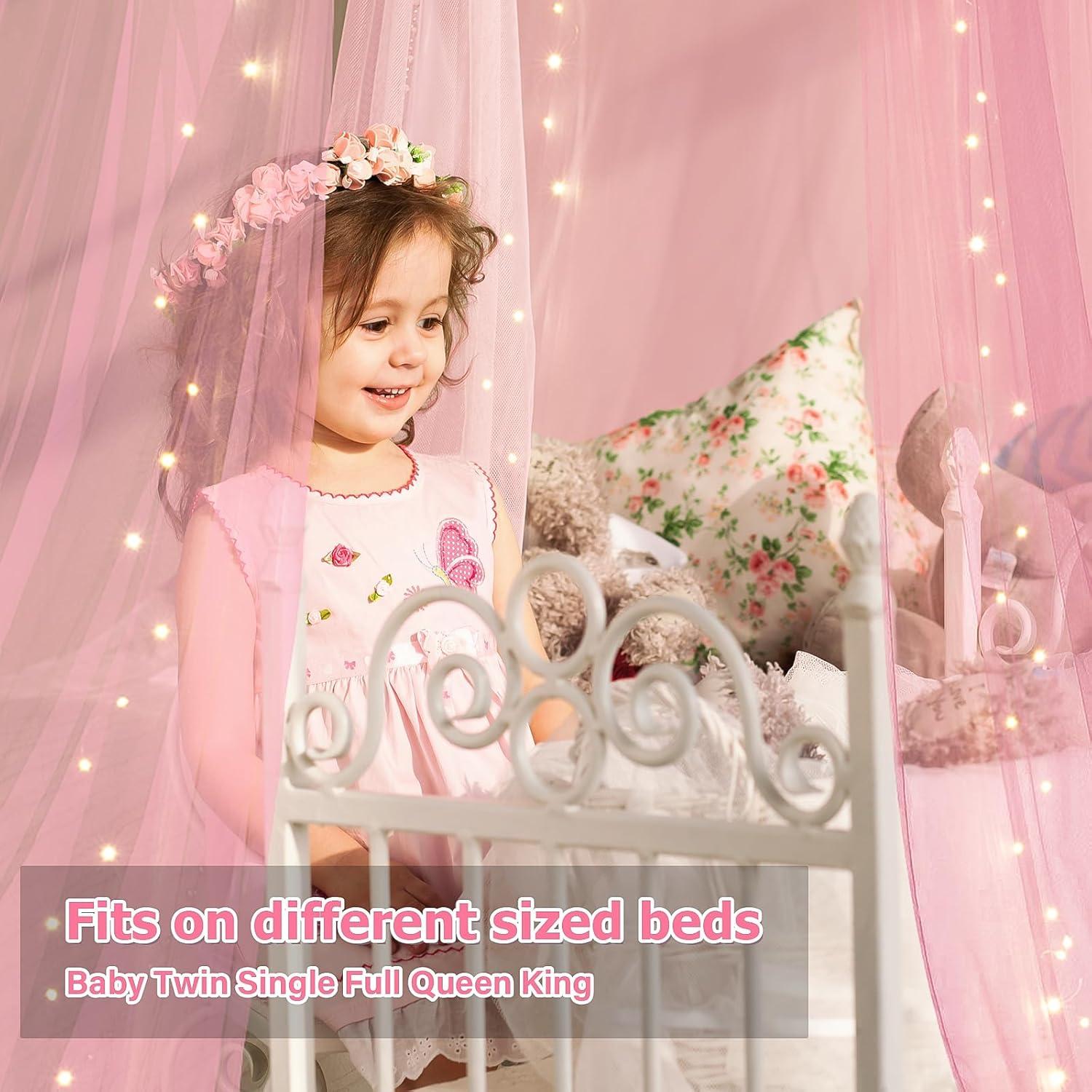 Dosel de Cama Rosa con Luces LED y Estrellas Luminiscentes