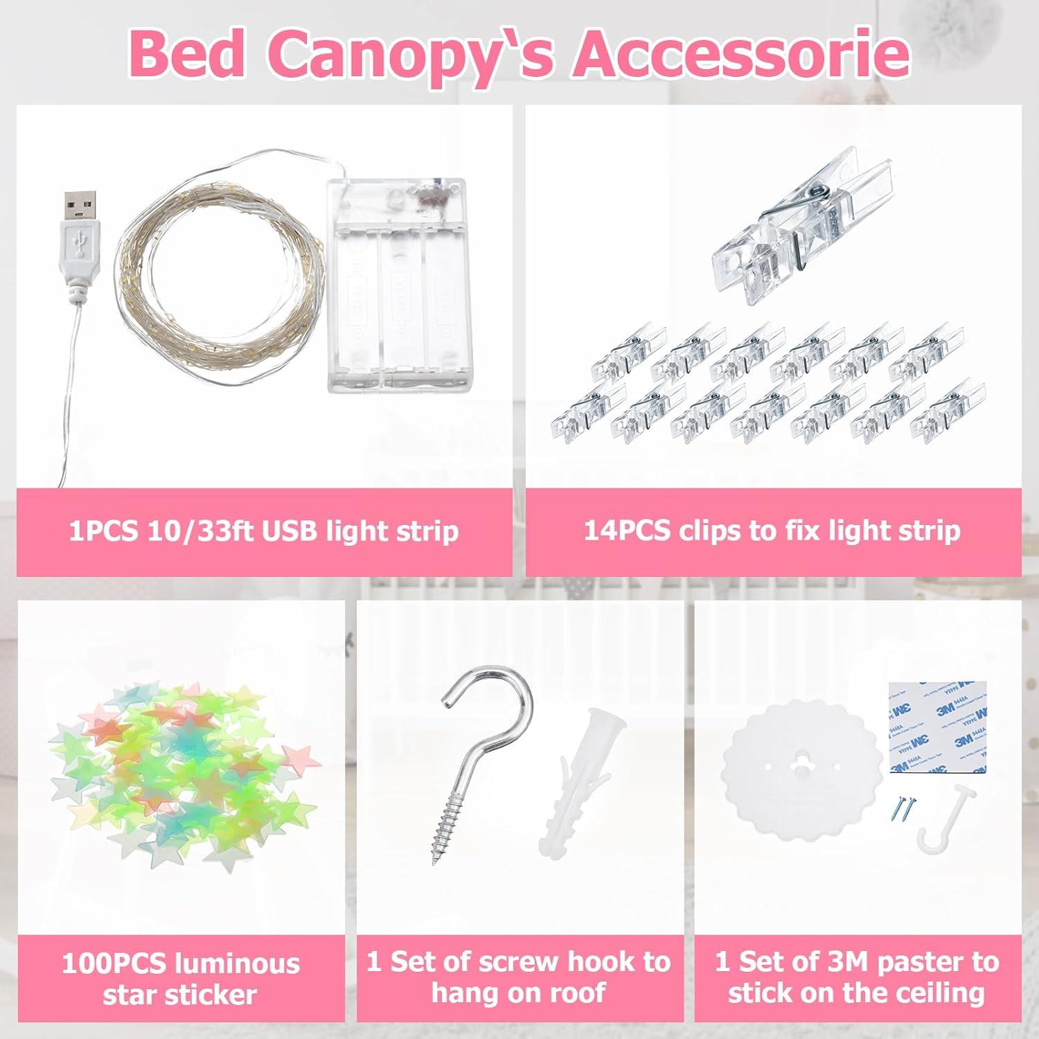 Dosel de Cama Rosa con Luces LED y Estrellas Luminiscentes