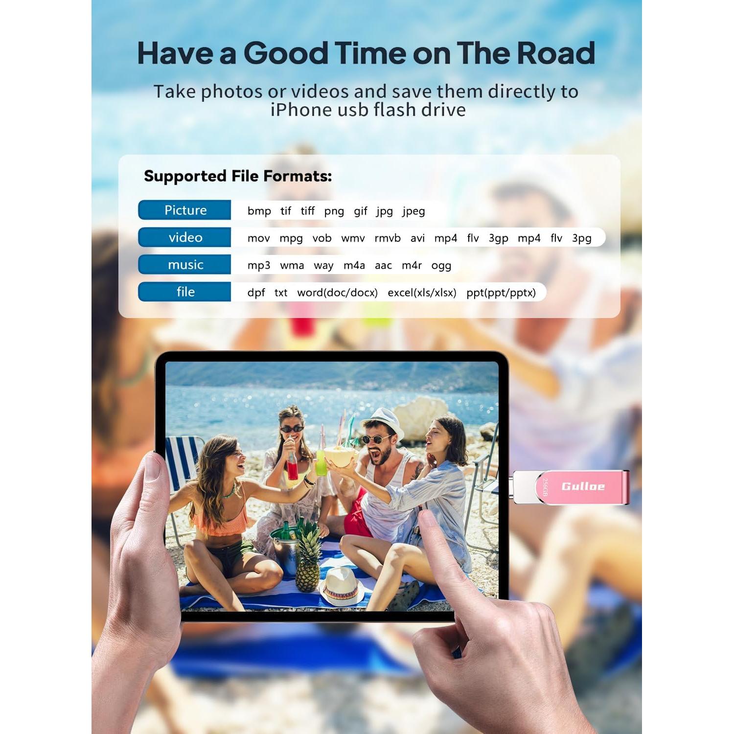 Gulloe 256GB USB Flash Drive Rosa para iPhone y iPad