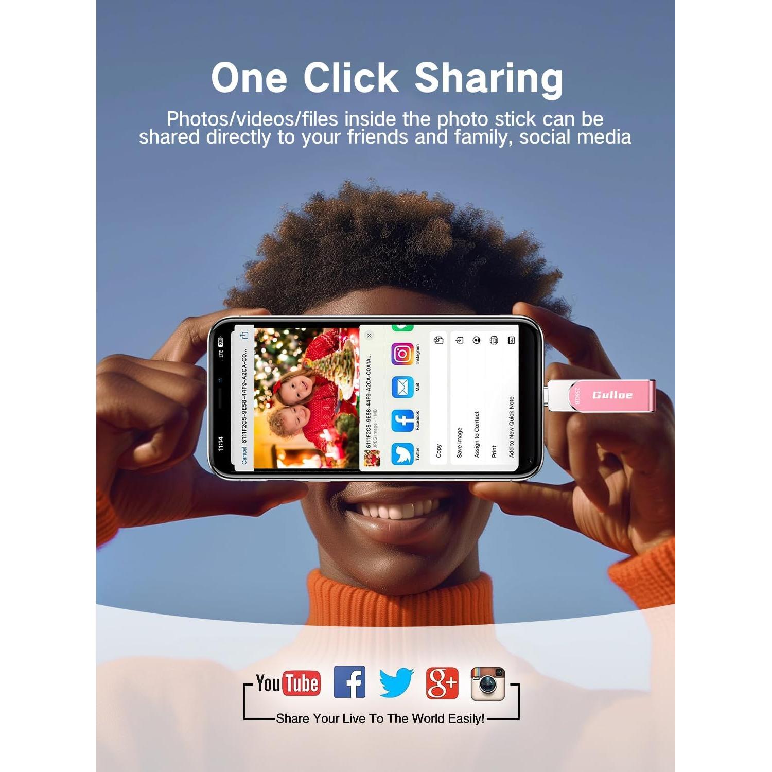 Gulloe 256GB USB Flash Drive Rosa para iPhone y iPad