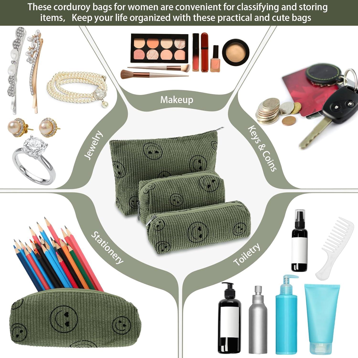 Juego de 3 Bolsas de Maquillaje Huhumy Verde Militar Corduroy