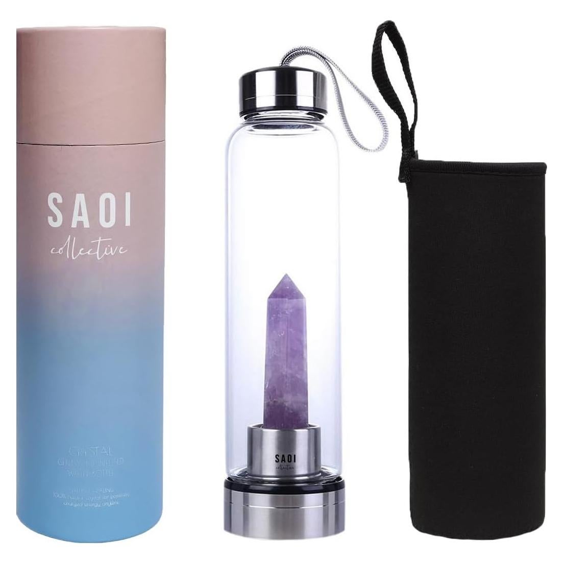 Botella de Agua de Cristal SAOI 500ml con Amatista - Vidrio y Acero Inoxidable