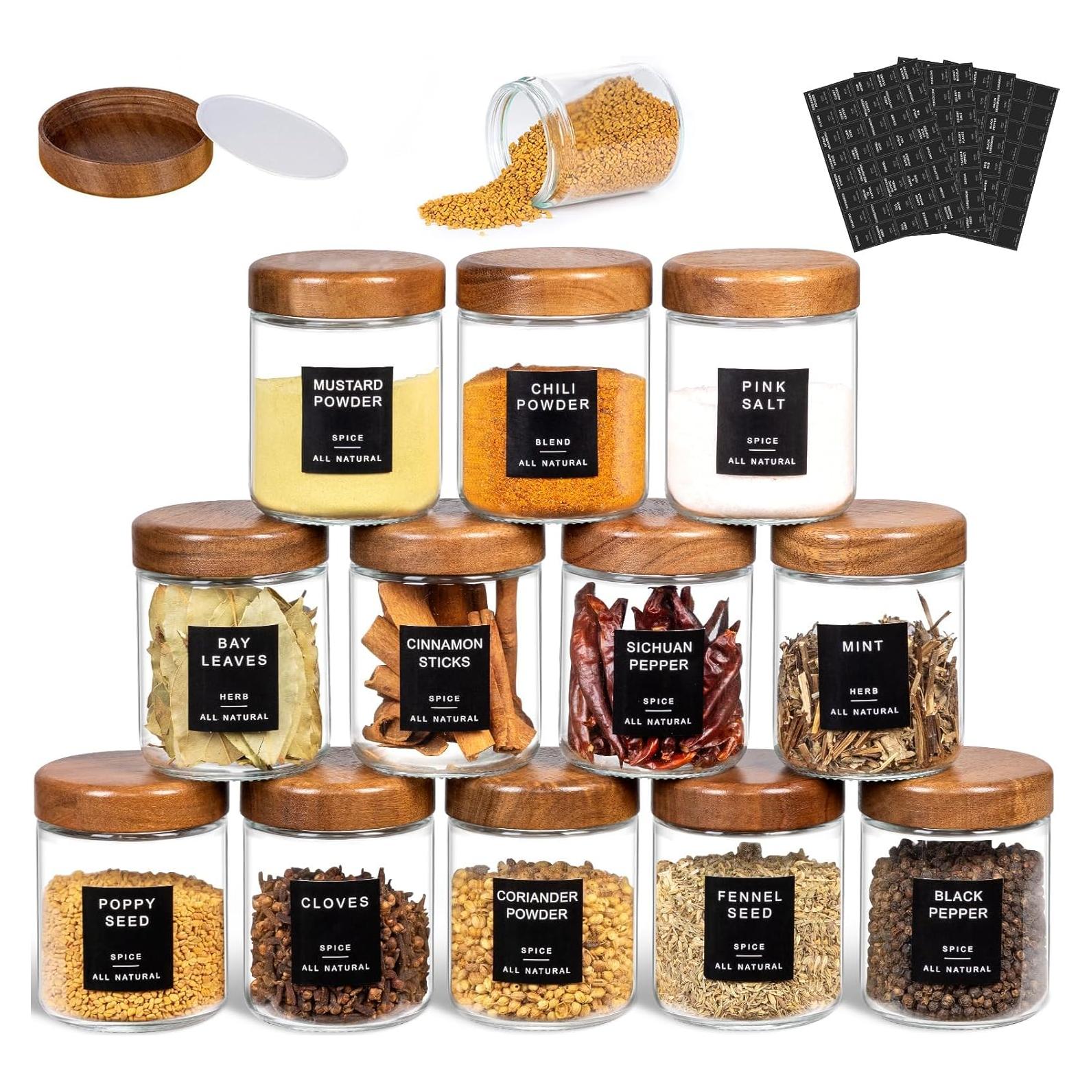 Juego de 12 Tarros de Especias de Vidrio 236ml Yangbaga con Tapa de Madera