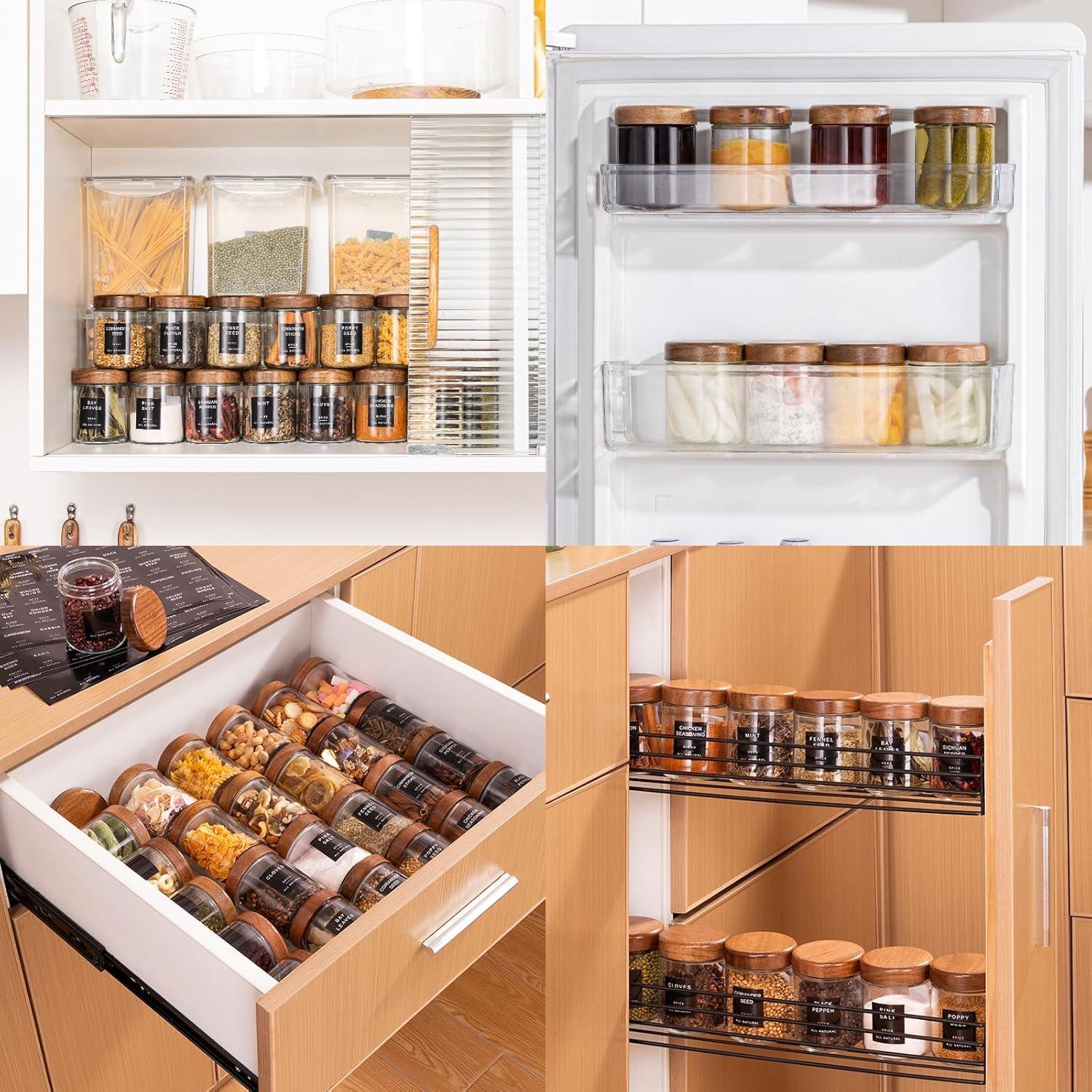 Juego de 12 Tarros de Especias de Vidrio 236ml Yangbaga con Tapa de Madera