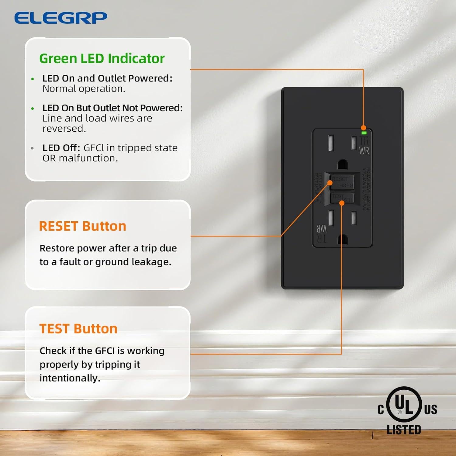 Toma GFCI Exterior ELEGRP 15A Auto-Prueba Resistente Negro